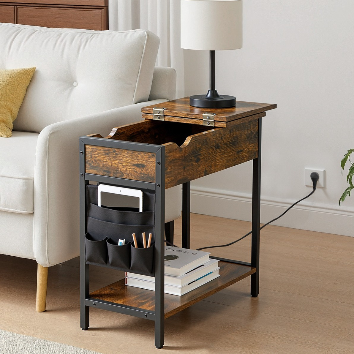 Image of 1-piece Side Table With Storage Bag, Coffee Table, Nightstand With Outlet, Shelf, And 2 Usb Ports, Bag, For Living Room, Bedroom, Office, Space- Storage For Books And Magazines