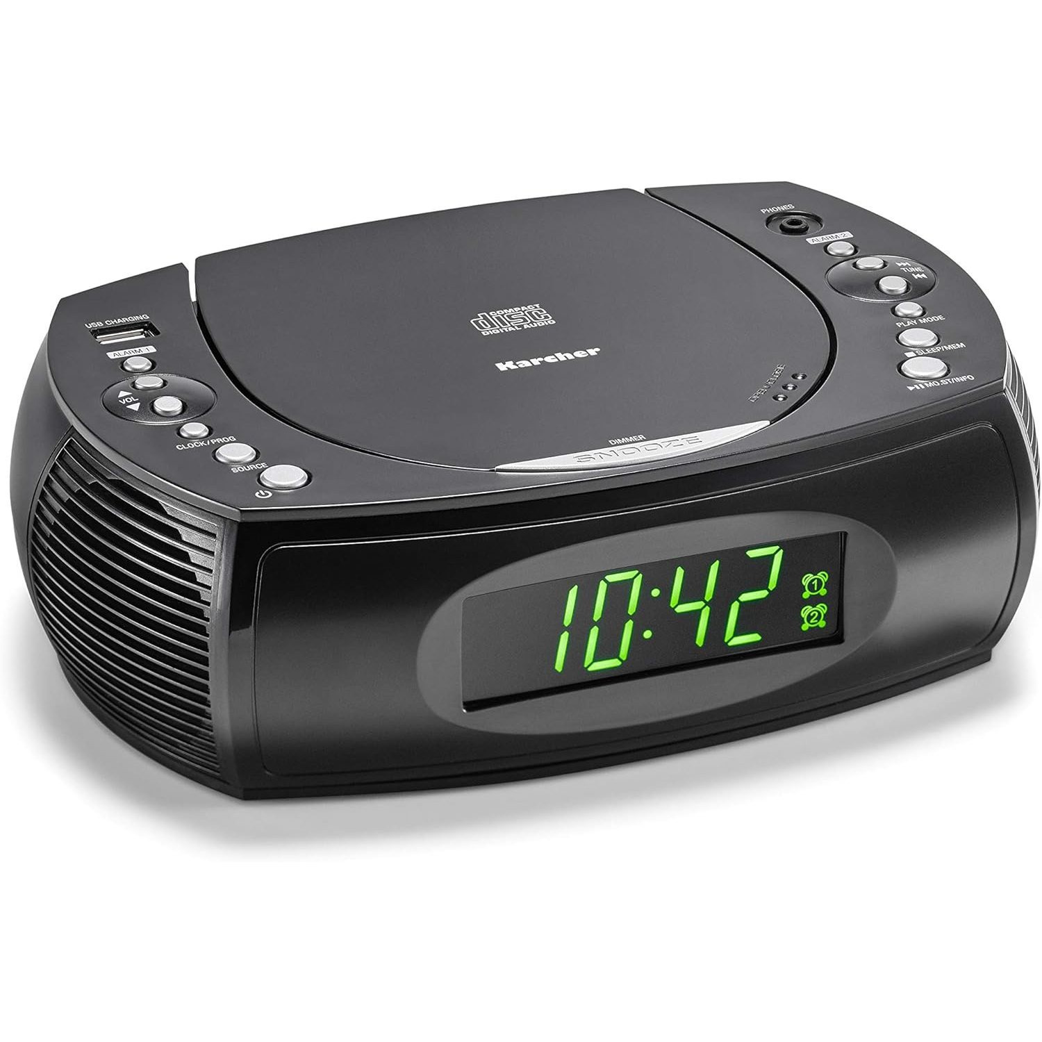 Karcher Ur 1308 - Clock Radio With Cd Player And Fm Radio, Alarm Clock With 2 Adjustable Alarm Times, Sleep Timer, Dimmable Display, Usb Charging Function, Black