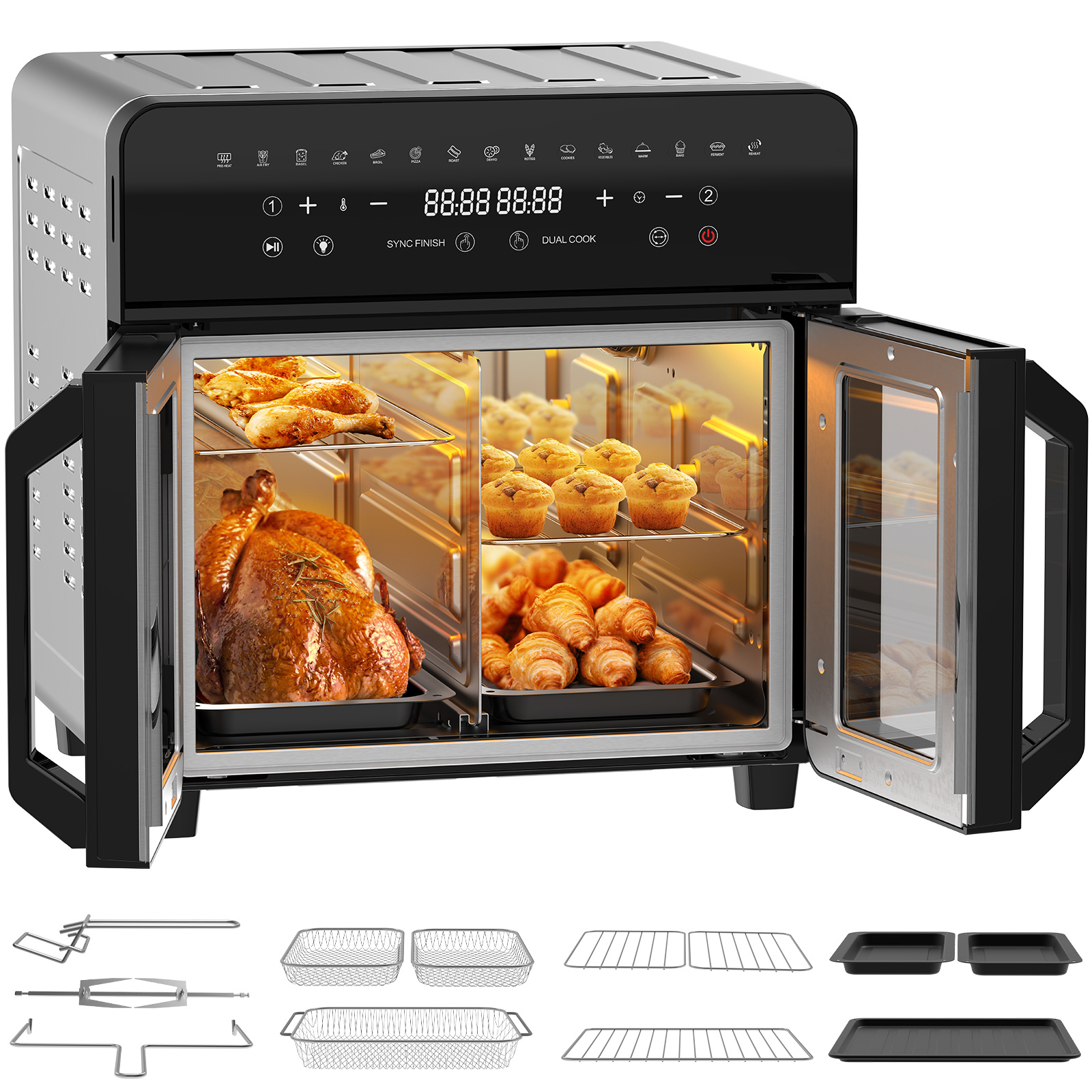 E-shop Airfryer 23 Liter XXL – Heissluftfriteuse mit 2 , Sichtfenster, 15 Funktionen, 12 Zubehör, Heißluftfritteuse xxl für Familie & Party