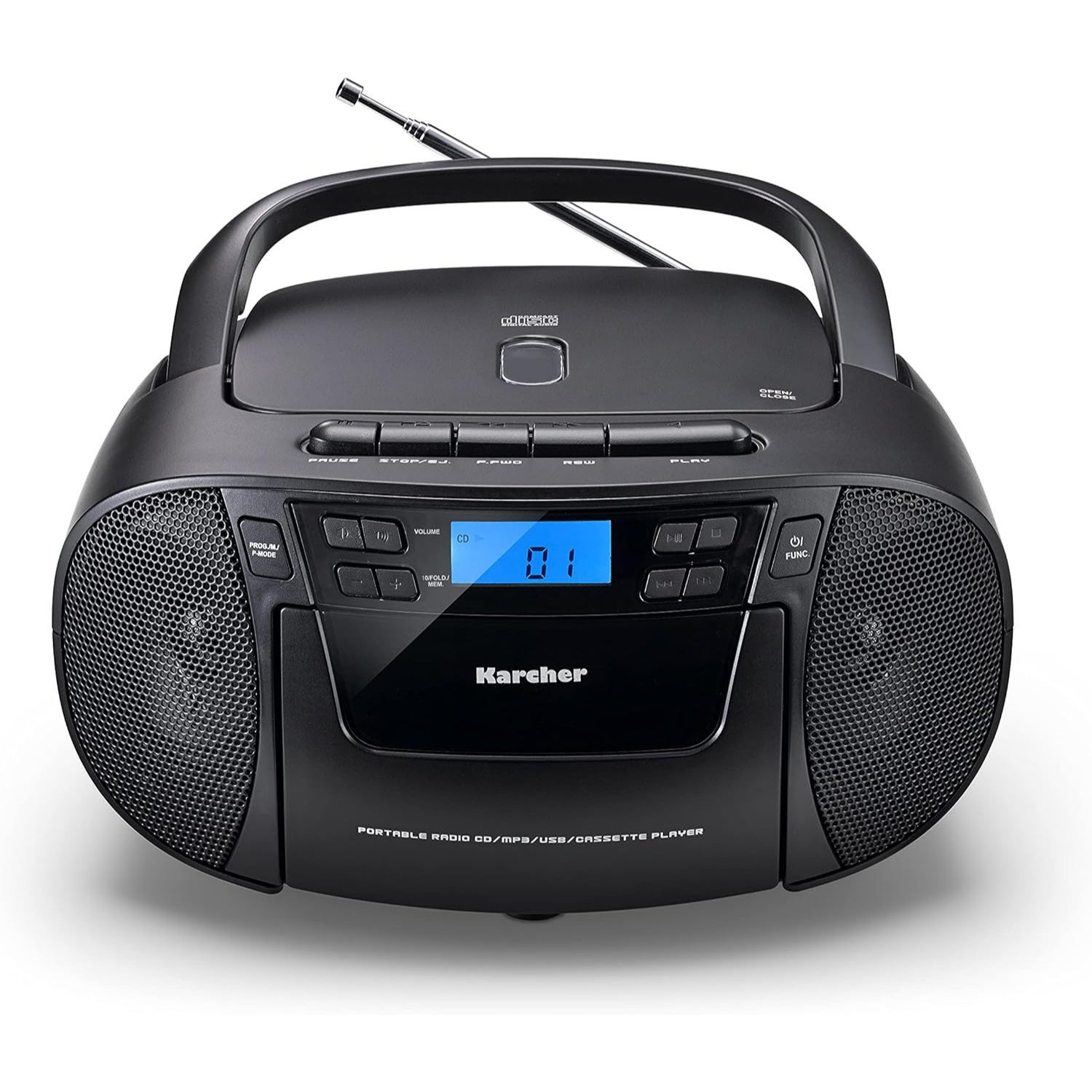 E-shop Karcher RR 5045 tragbares CD Radio (Boombox mit CD-Player, Kassette, UKW Radio, Netzbetrieb, USB & AUX-In) Schwarz
