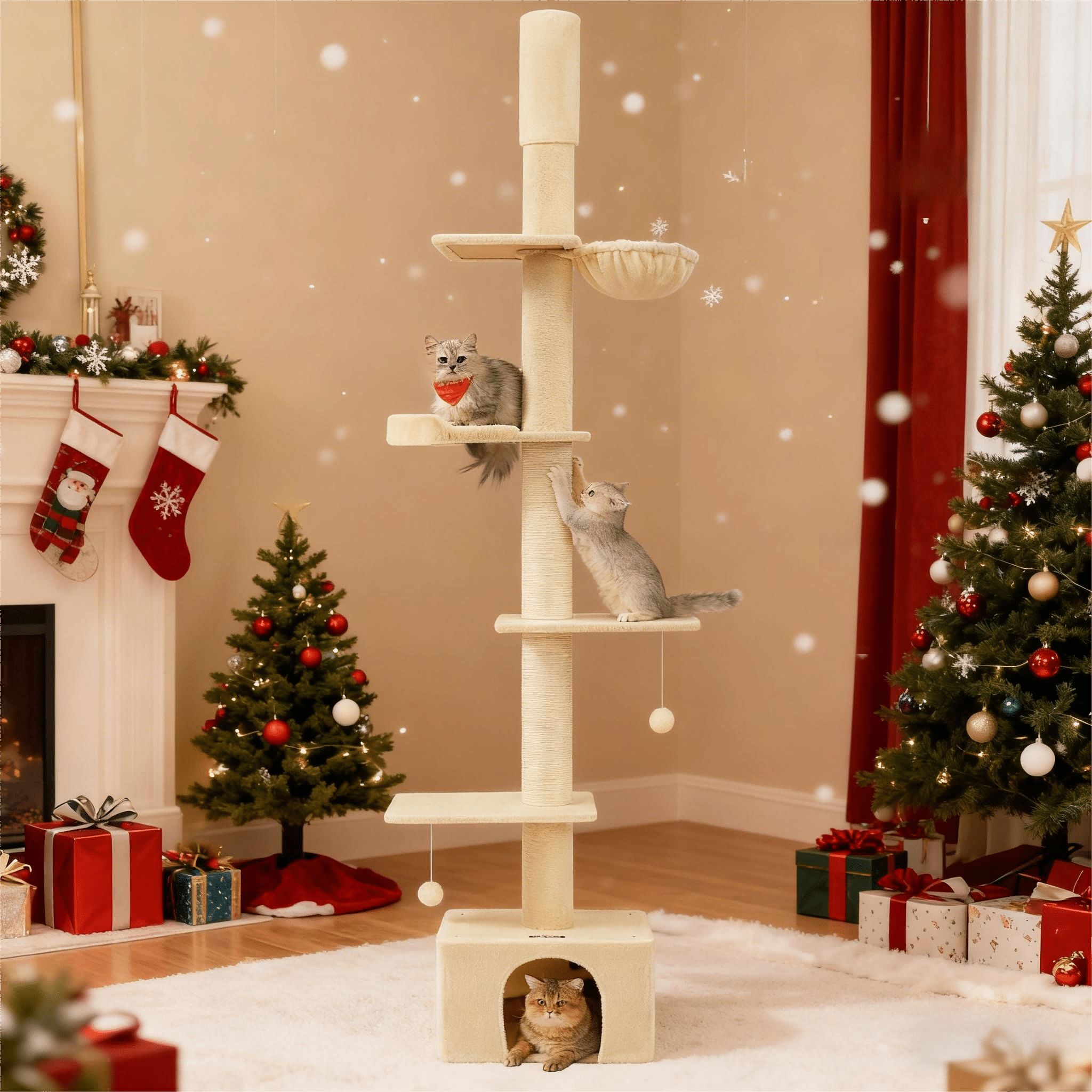 E-shop Katzenklettergerüst 231-291 cm einem Kippschutz, Kratzbaum Katzenbaum mit 11 cm Dicke Stämme, Höhle, Liegemulde, Plattform,Stabiles Und