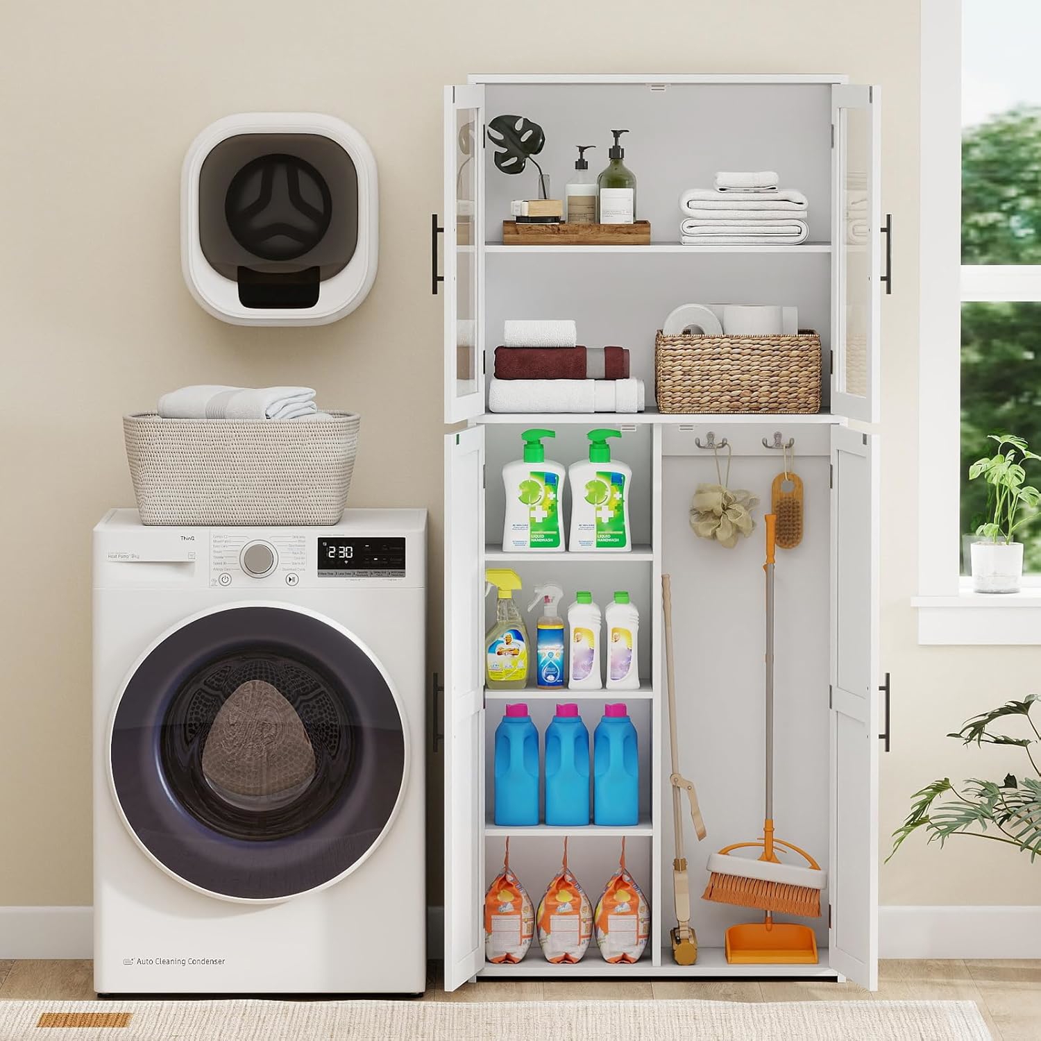 Image of Broom Cabinet, 70 Cm Wide, Cabinet, Tall Cabinet With And Glass Doors, Wooden Storage Cabinet