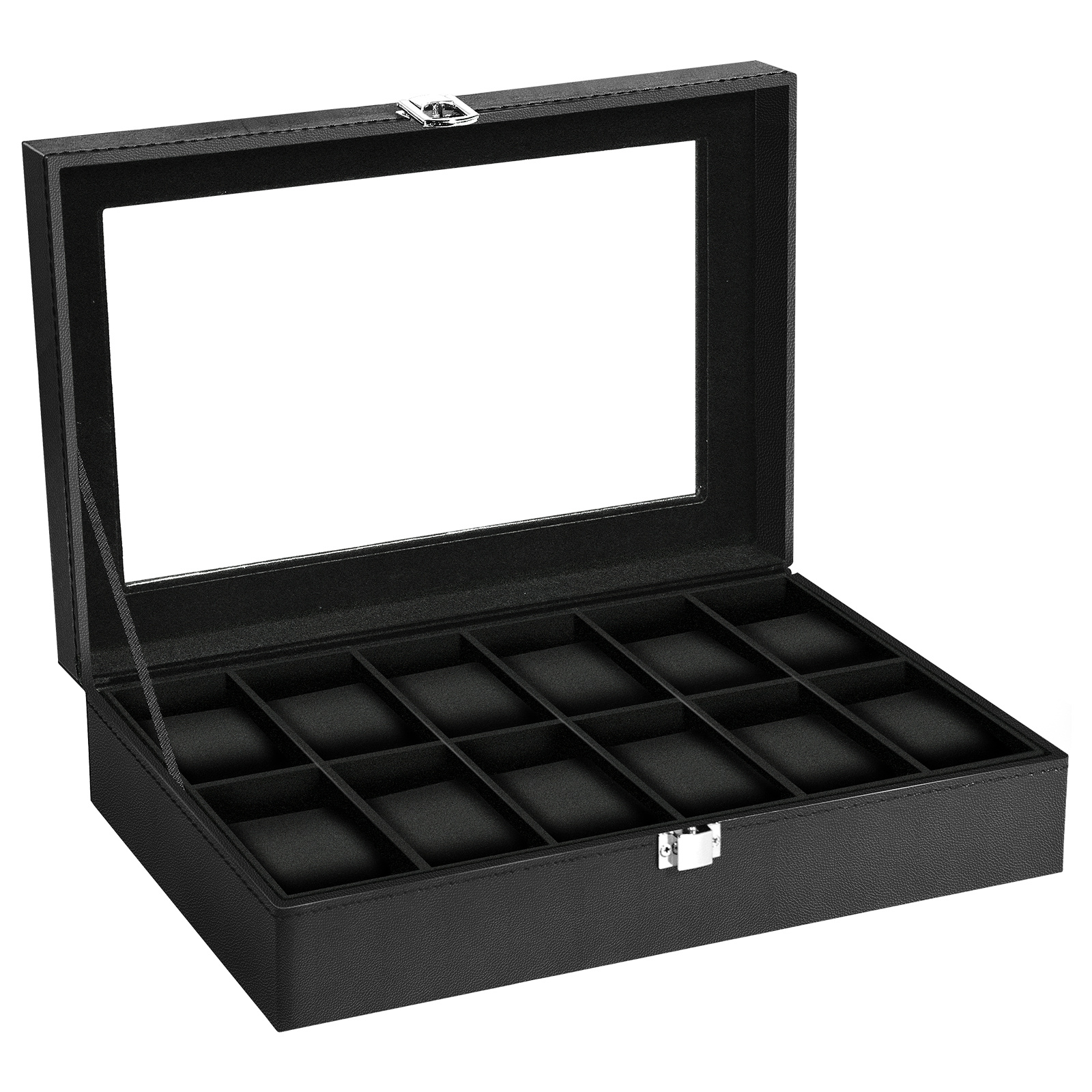 Image of Watch Box With 12 Compartments & Glass Lid (christmas Gift/father's Day) - Premium Storage For Automatic Watches & Jewelry, Glass Lid, Removable Watch Cushions, Metal Clasp, Velvet Lining
