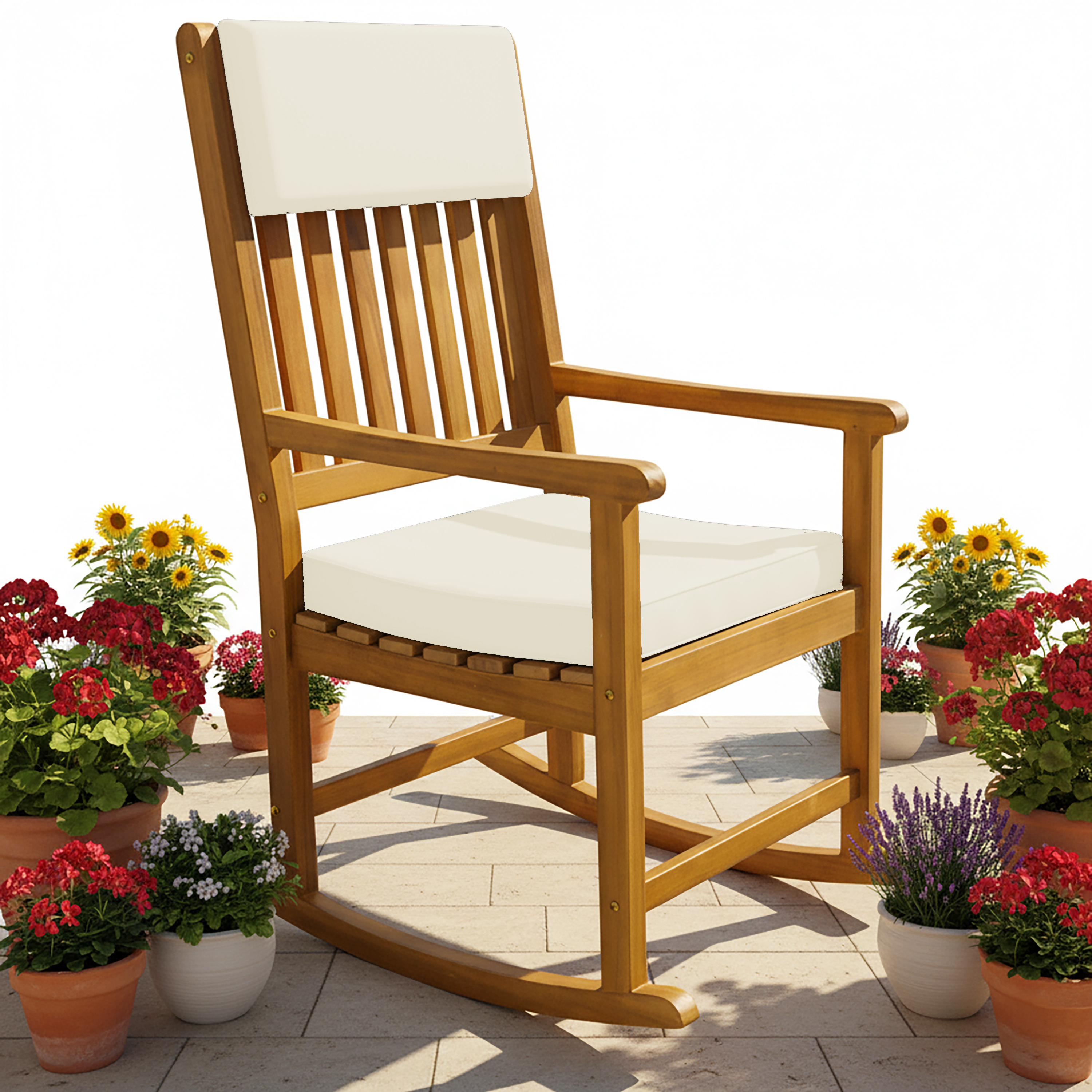 TEMU CASARIA® Silla mecedora de jardín de madera color crema, capacidad de carga 160 kg, lavable a 30°, reposabrazos, silla mecedora para jardín y ,