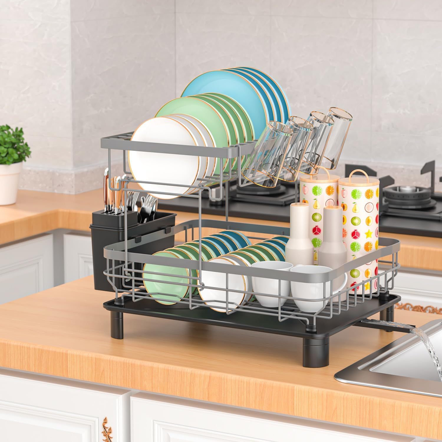 TEMU Dish Drainers,dish Drainer Dish Rack,dish Drying Rack,double Layer Dish Rack With Drainage Plate And Rotating Nozzle, Dish Drying Rack With