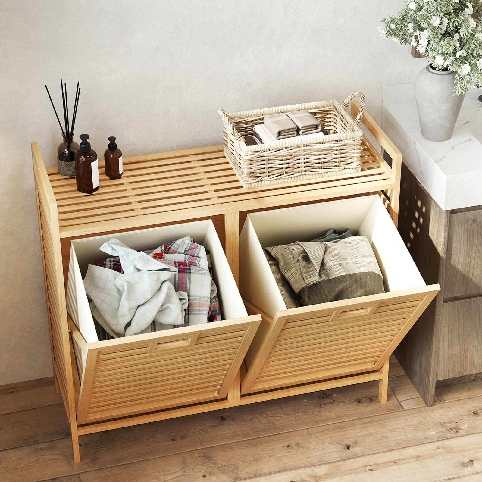 Double Tilt-out Laundry Hamper, Dual Laundry Basket Organizer With Top Shelf, 2 Pull-out Removable Bags