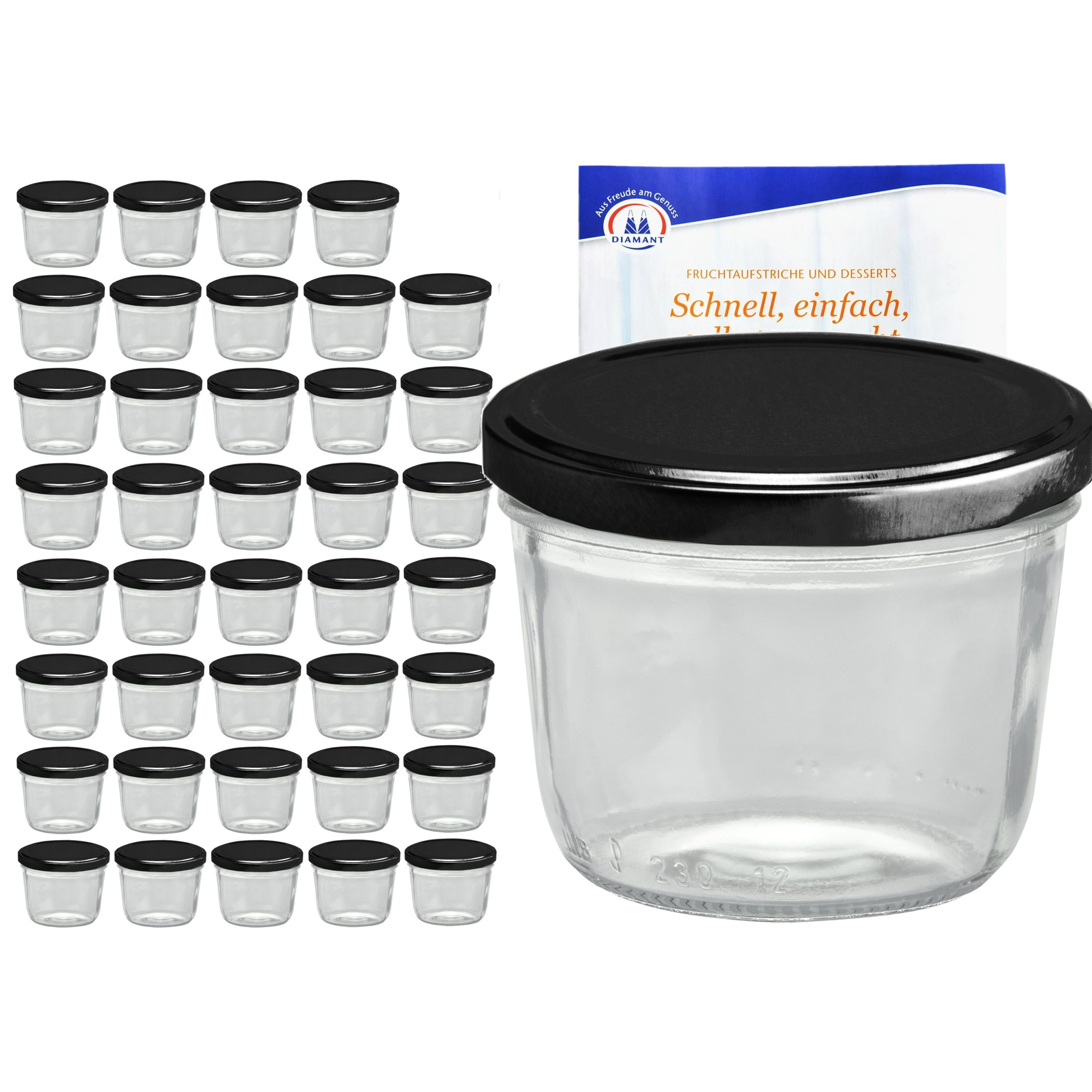 E-shop 40er Set Sturzglas 230 ml mit schwarzem Deckel inkl. Diamant Gelierzauber Rezeptheft
