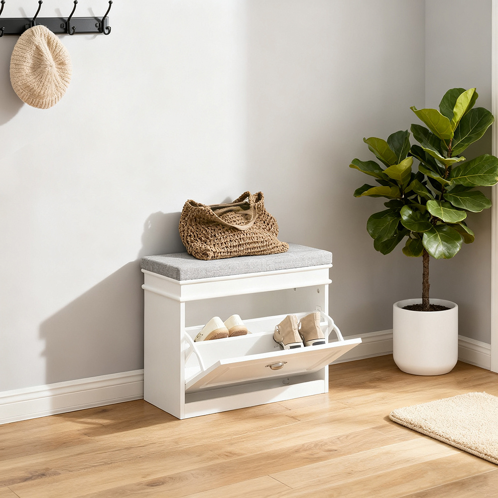 TEMU 1-piece Shoe Bench With Folding Tray And Cushion - Shoe Organizer For Hallway Or Living Room - 60x24x51 Cm, 150kg Capacity, White - Gts93-l-x