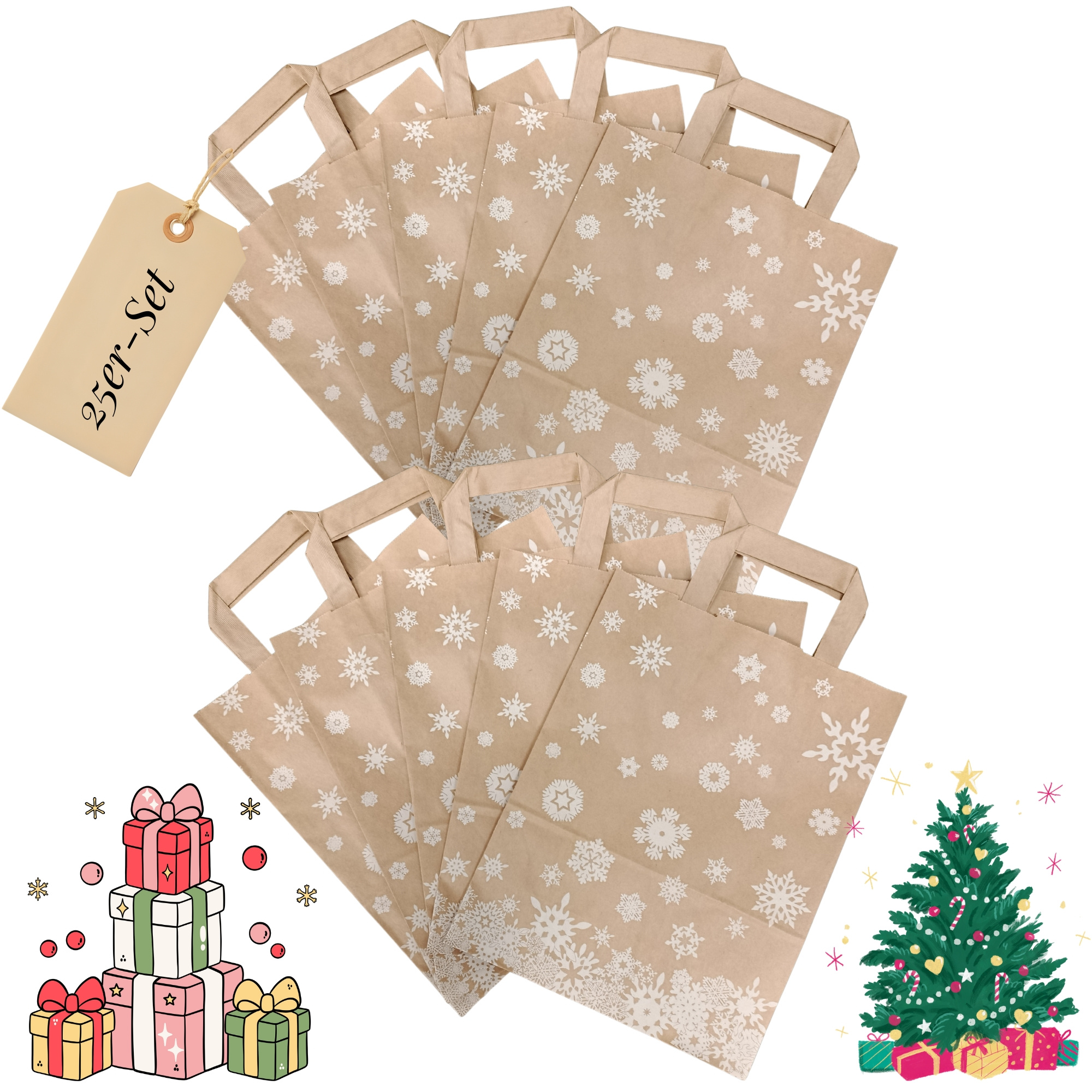 Image of 10-50pcs Christmas With Snowflake Paper Gift Bags With Handles - Brown Craft Bags Shopping, (22+10x28 Cm)