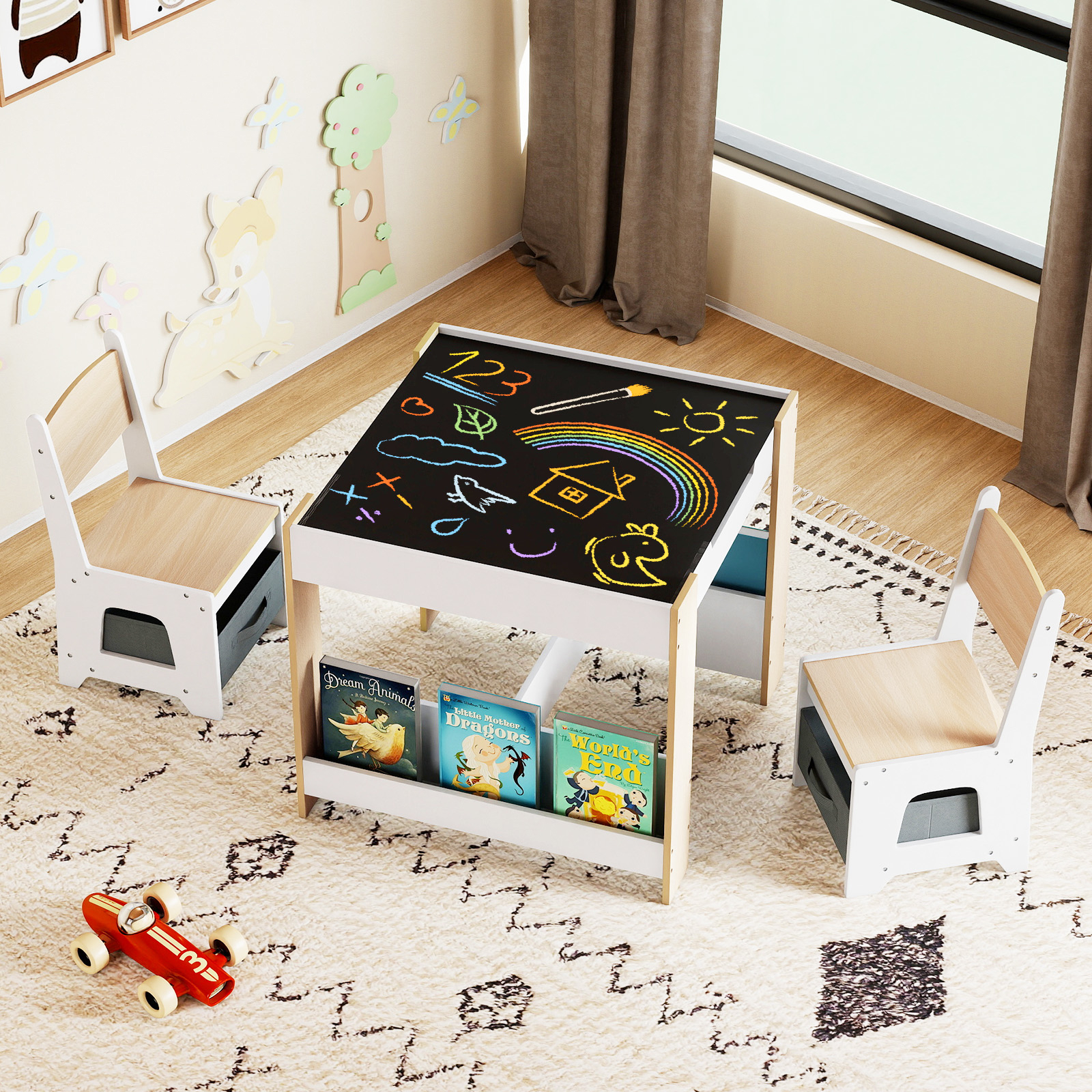 Kids Table And Chairs Set, Toddler Wooden Activity Desk W/reversible Tabletop, Bookshelves & Drawers For Drawing Reading Crafts Playing, 3pcs Kids Furniture Set For Playroom Classroom Nursery