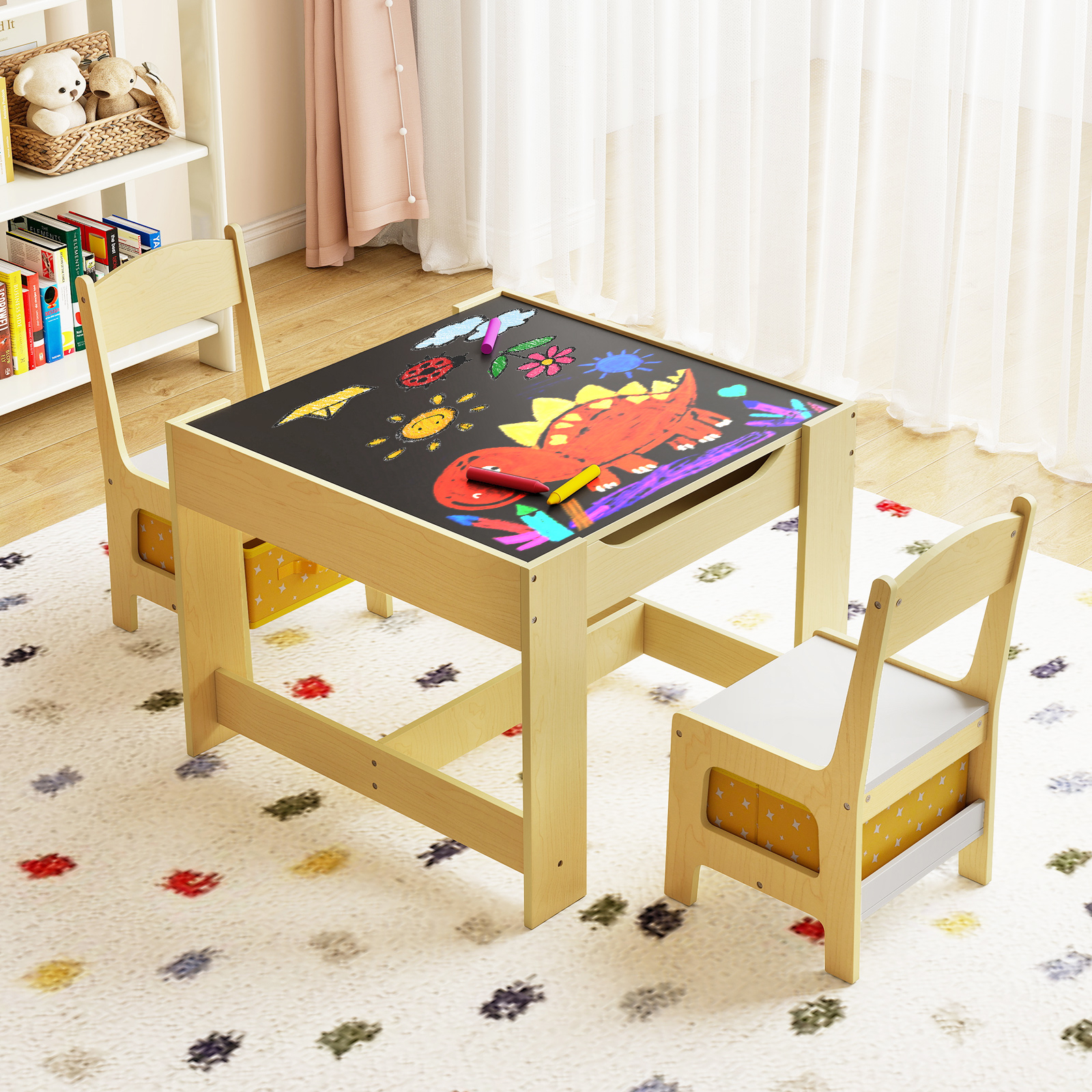 Image of Kids Table And 2 Chairs Set, Multifunctional Activity Table With Detachable Double-sided Tabletop, Chalkboard & Whiteboard, Storage Drawers, Children Furniture Set For Art & Crafts