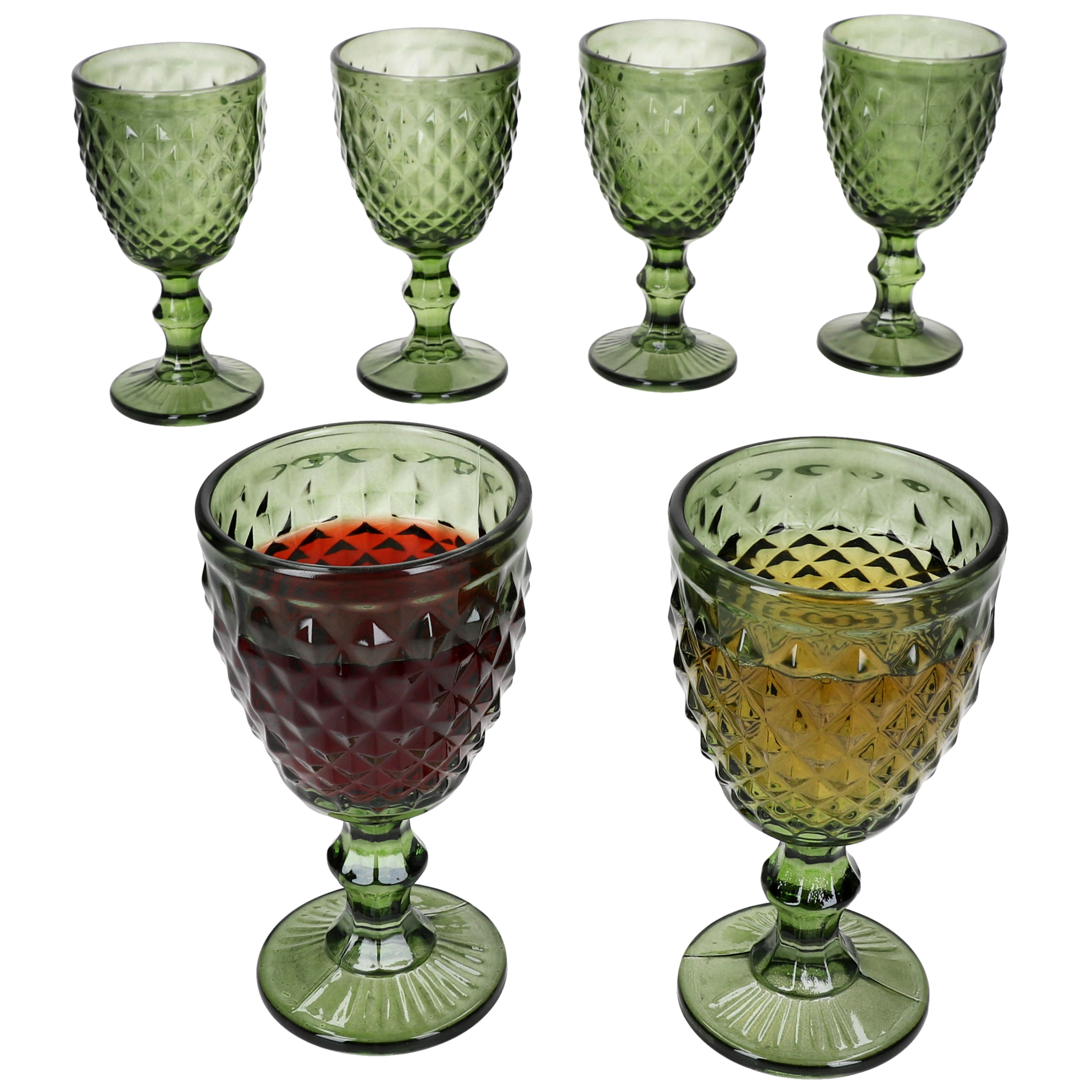 6x Diamond Wine Glasses, Green, 200ml, Glass With Relief Design, For White Wine, Red Wine, And Water