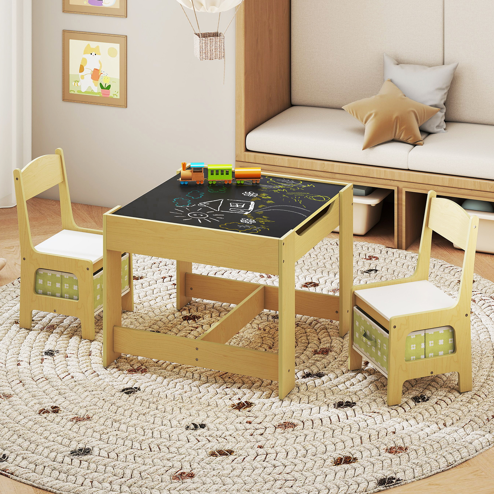 Image of Kids Art Table & Chair Set, Toddler Desk With 2 Chairs, Dual-sided Tabletop, 2 Fabric Bins, Hidden Storage, Multipurpose Activity Table Set For Painting, Crafting, Reading