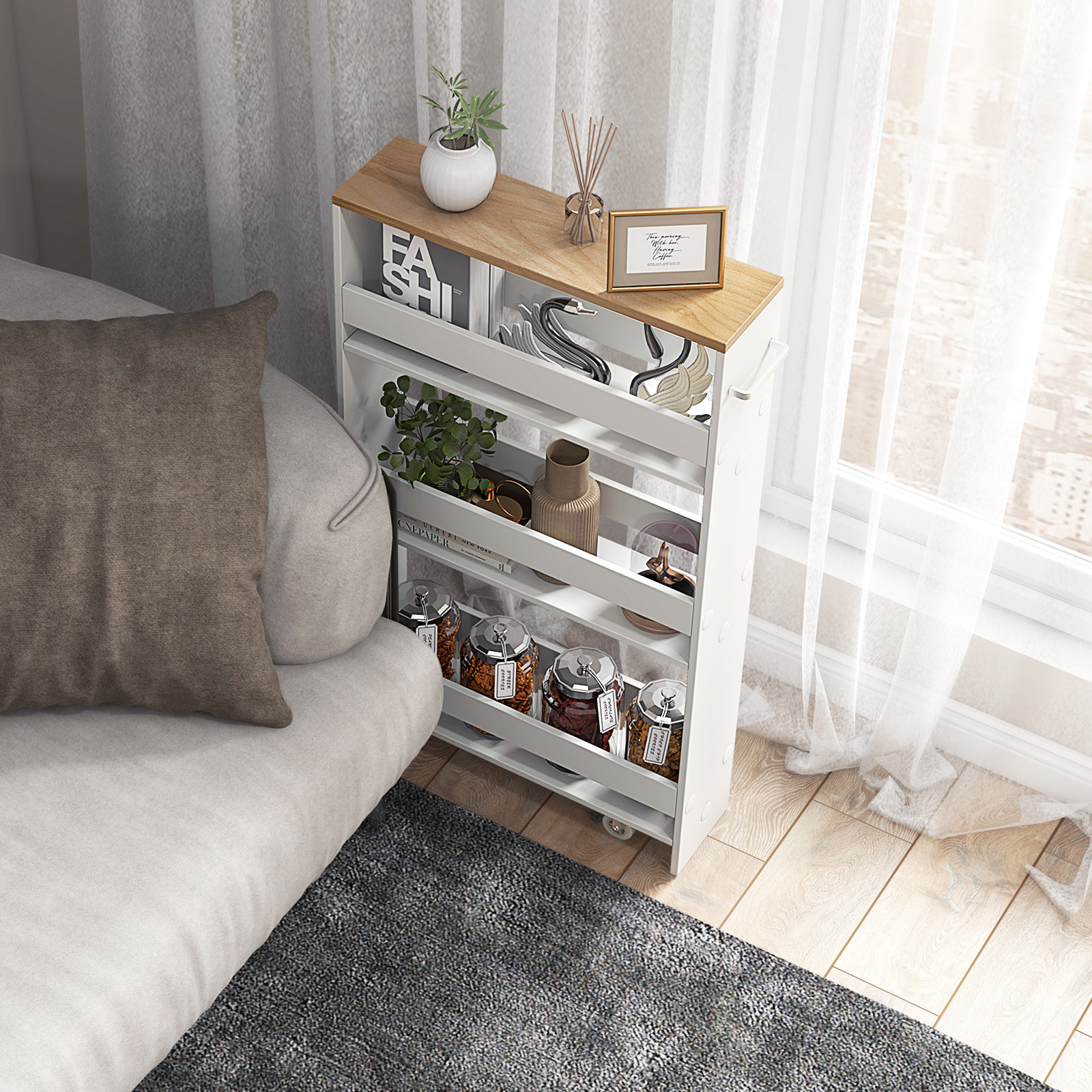 Image of 4-tier Slim Storage Cart, Narrow Mobile Serving Cart W/ Open Shelves, Rolling Kitchen Cart On Wheels, Space-saving Slide-out Utility Cart For Kitchen, Bathroom, Living Room, White