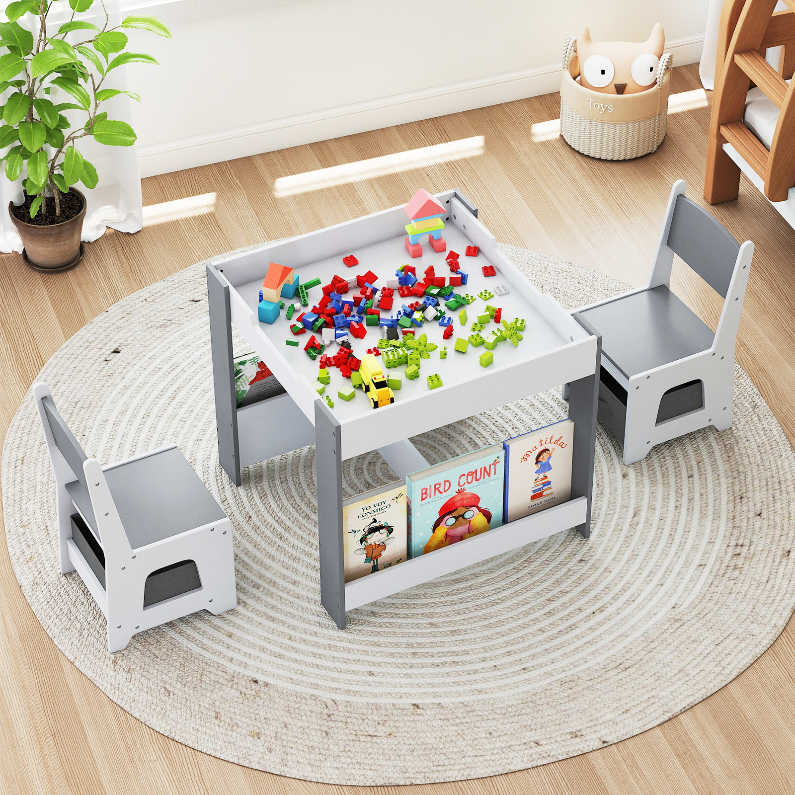 Image of Kids Table And Chairs Set, Toddler Wooden Activity Desk W/reversible Tabletop, Bookshelves & Drawers For Drawing Reading Crafts Playing, 3pcs Kids Furniture Set For Playroom Classroom Nursery