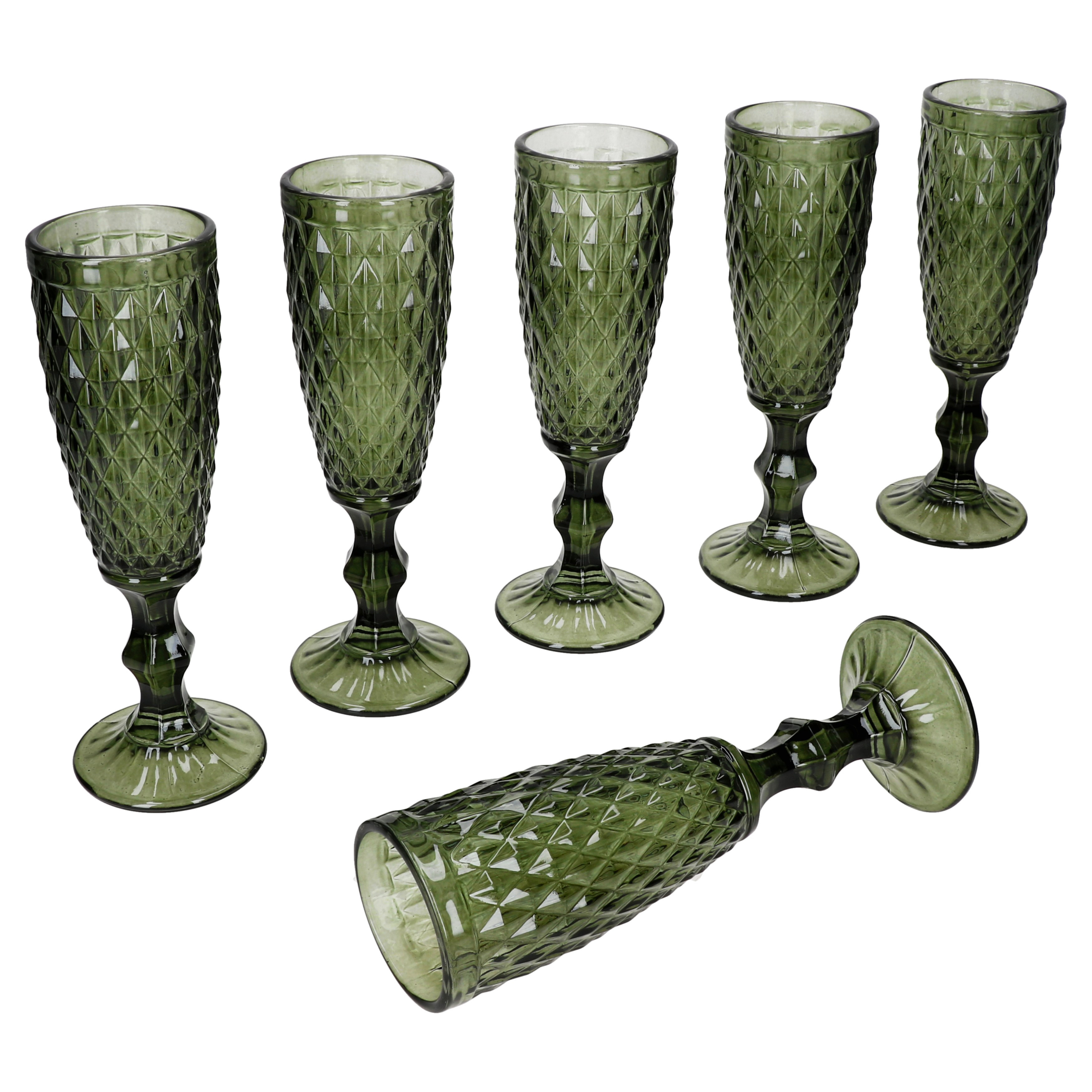 Image of 6x Diamond Glasses 150ml Green Relief Flutes For Prosecco And