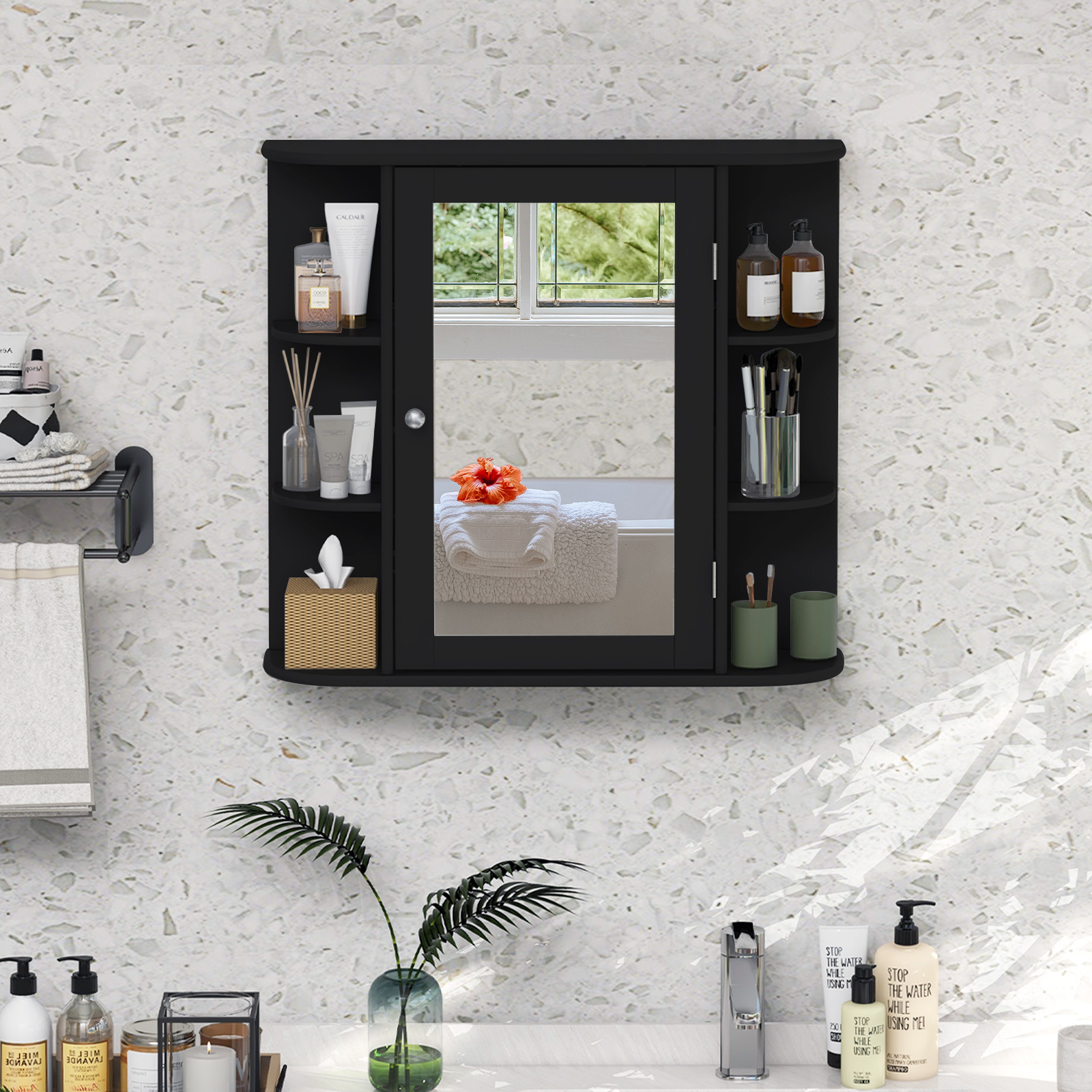 Wall-mounted Bathroom Cabinet, Mirrored Storage Cabinet, Wooden Hanging Cabinet W/ Adjustable Shelves & Fan Shelves, Multipurpose Medicine Cabinet For Bathroom, Living Room, Kitchen, Black
