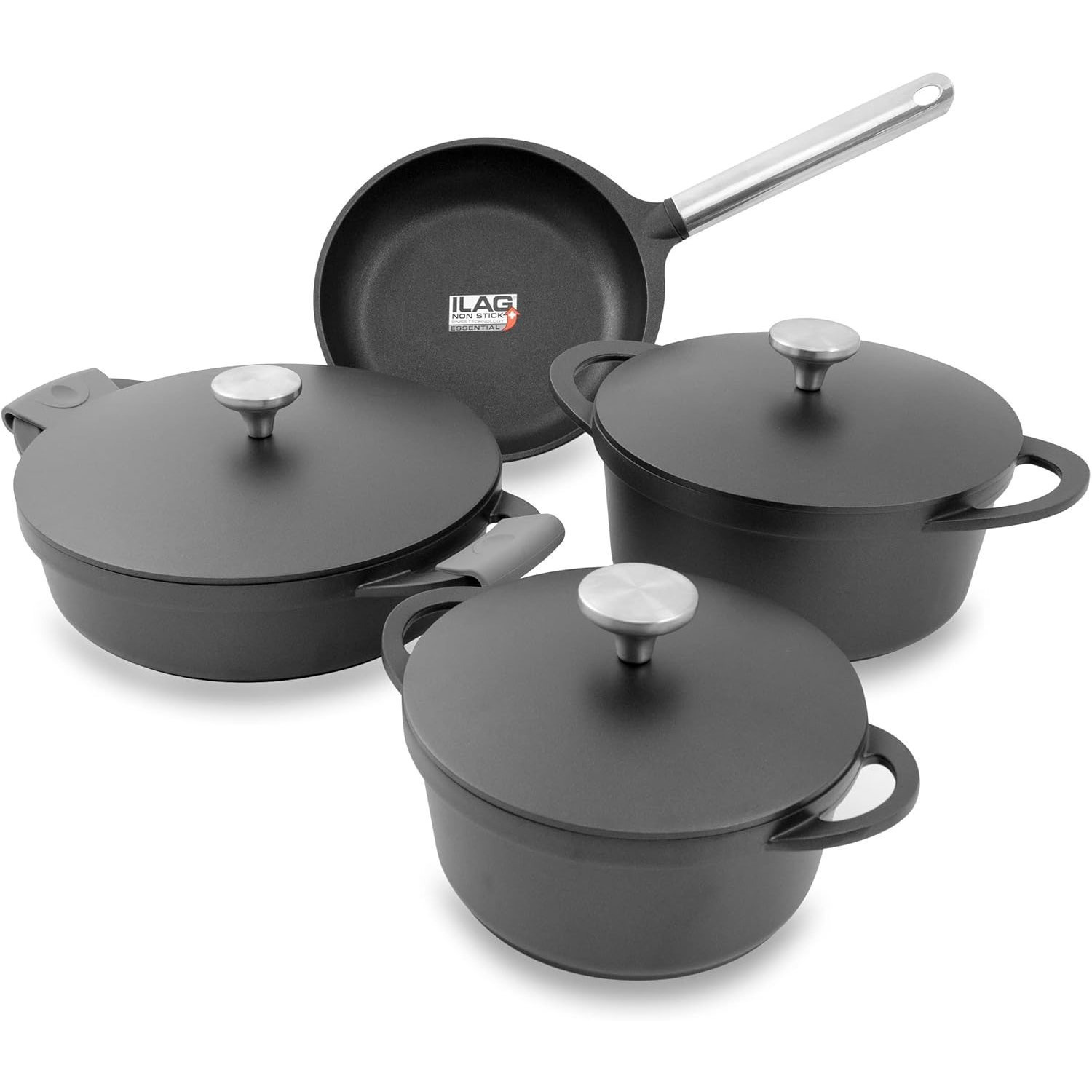Head Pot Set Aluminum With Basic Coating, Induction Cookware Set 8pcs Including Silicone Handle Protection, 3 Pots With Lids And 1 Frying Pan