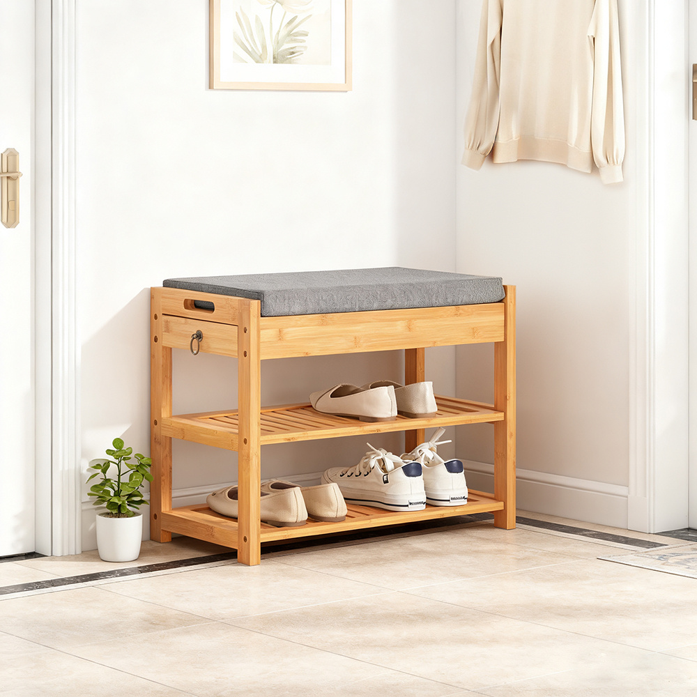 Image of 1pc Of 3-in-1 Shoe Rack Made Of Solid Bamboo With Secret Compartment + Cushioned Seat, For Narrow Entrances/cloakrooms, L55xp30xh46cm, Natural - Gts60-o