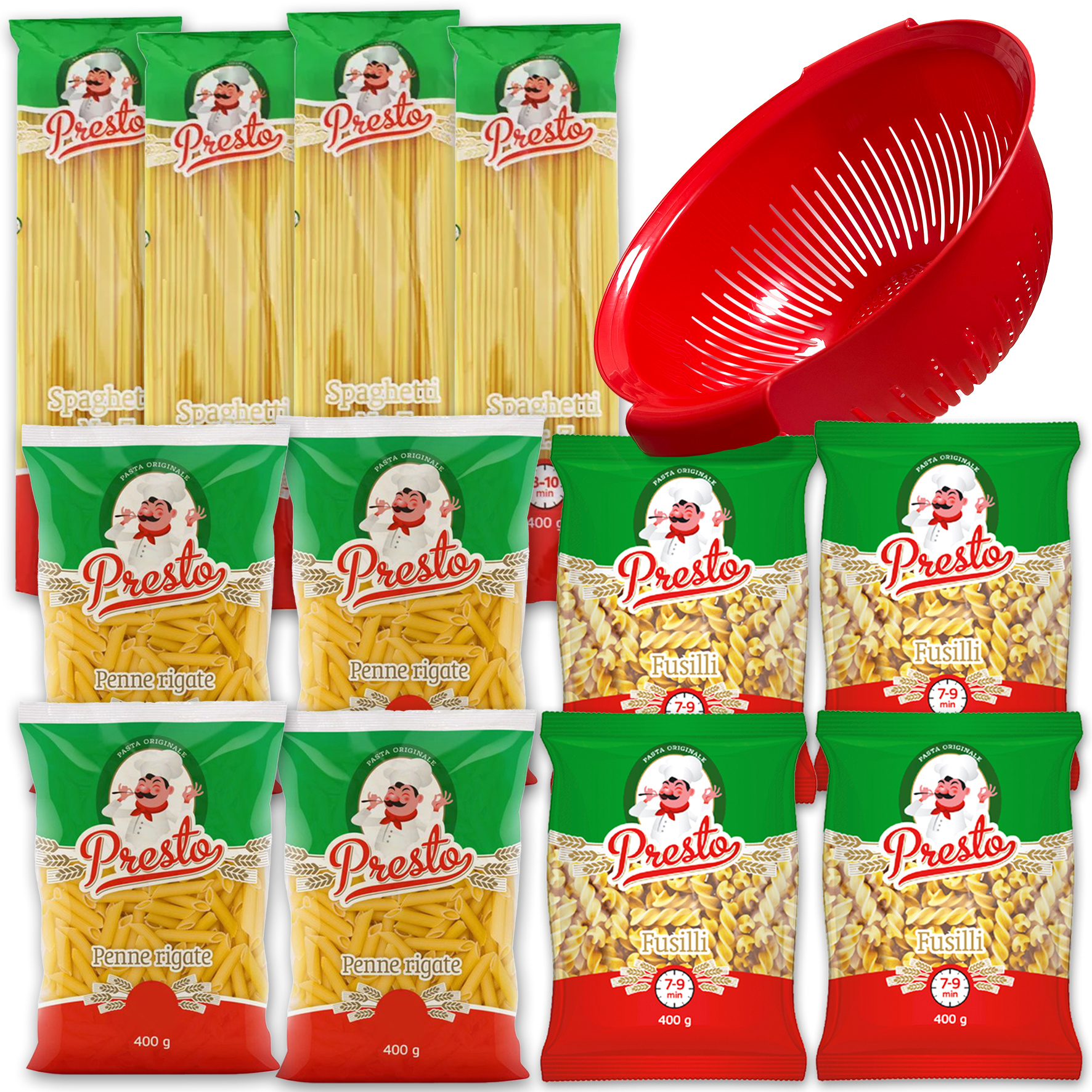 Quick Pasta, Spaghetti No. 5, Fusilli, Penne Rigate 12 X 400g (4800g) Including Pasta Strainer