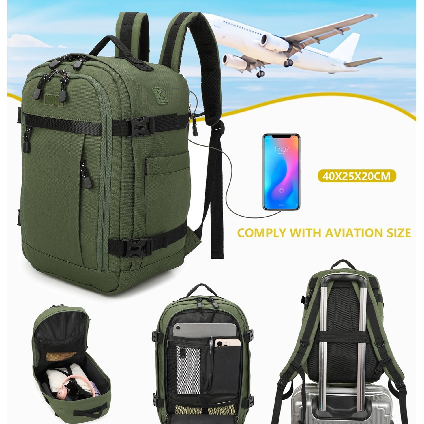 TEMU Mochila de cabina 40 x 20 x 25 cm () | Mochila ideal para viajes en avión | Mochila de cabina para para el trabajo, viajes, senderismo y