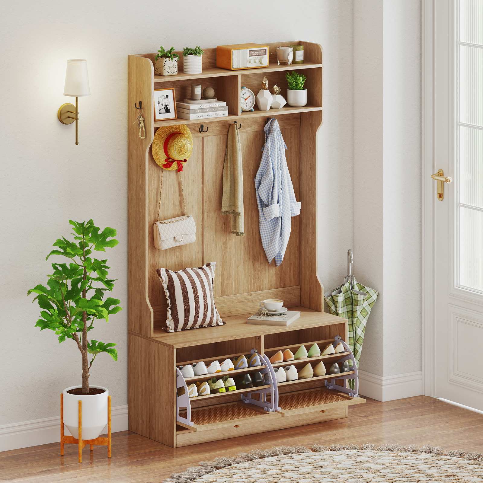 Image of 4-in-1 Hall Tree, Entryway Bench With Coat Rack & Flip Drawers, Farmhouse Storage Organizer With 6 Dual-hook Hangers & Pe Rattan Doors, Ideal For Entryway Living Room Mudroom