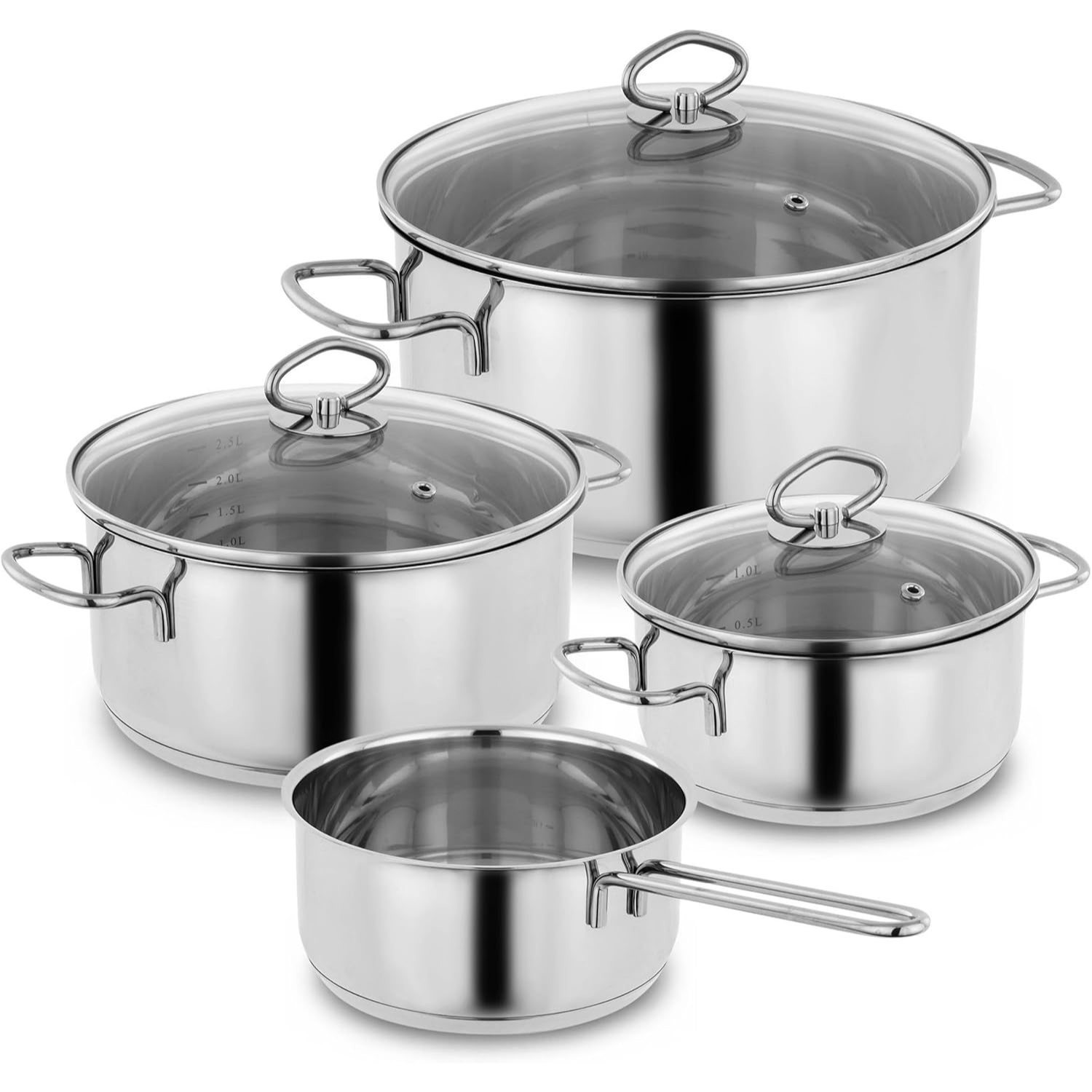 Stainless Steel Head Pot Set - Induction Pots With Pouring Rim, Liter Scale And Glass Lid