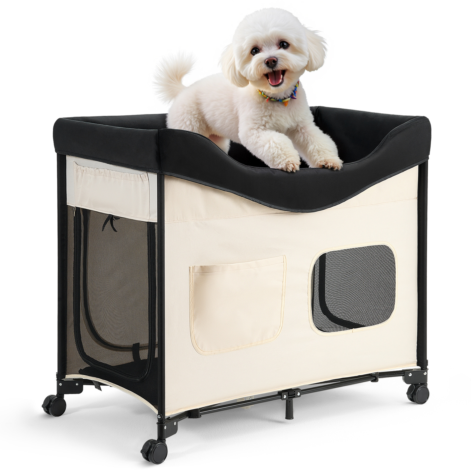 Image of Vevor Elevated Lounge Pet Bed, Foldable Bunk Dog Bed With 600d Oxford Cloth And Dutch Velvet, Portable Raised Cot With Wheels, Side Storage Bags, And Carry Bag For , L, Beige