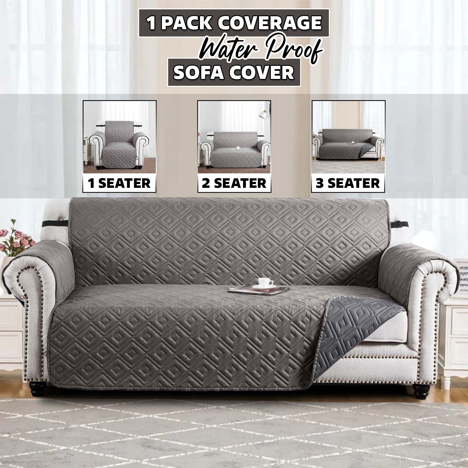 TEMU 1 Pack Coverage Waterproof Sofa Cover – Non-slip Quilted Furniture Protector With Elastic Straps, Washable & Durable Sofa Slipcover, Fit For
