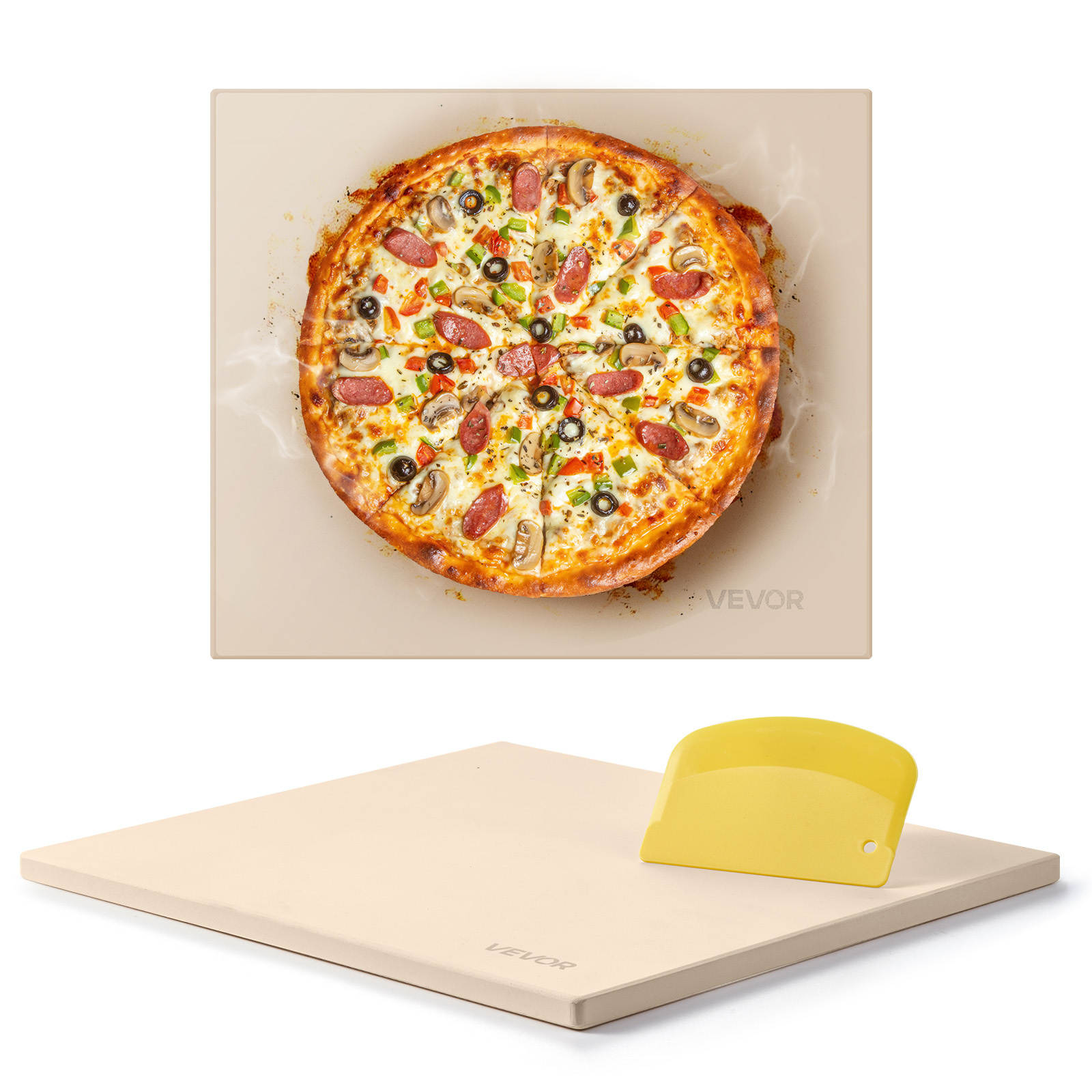 Vevor Pizza Stone, 406 X 355 Mm Rectangular Cordierite Pizza Stone, Extra Large Baking-stone With Scraper, 15 Mm Thick Heat-resistant Cordierite, For Kitchen Oven, Baking Bread & Pizzas, Bbq Grilling