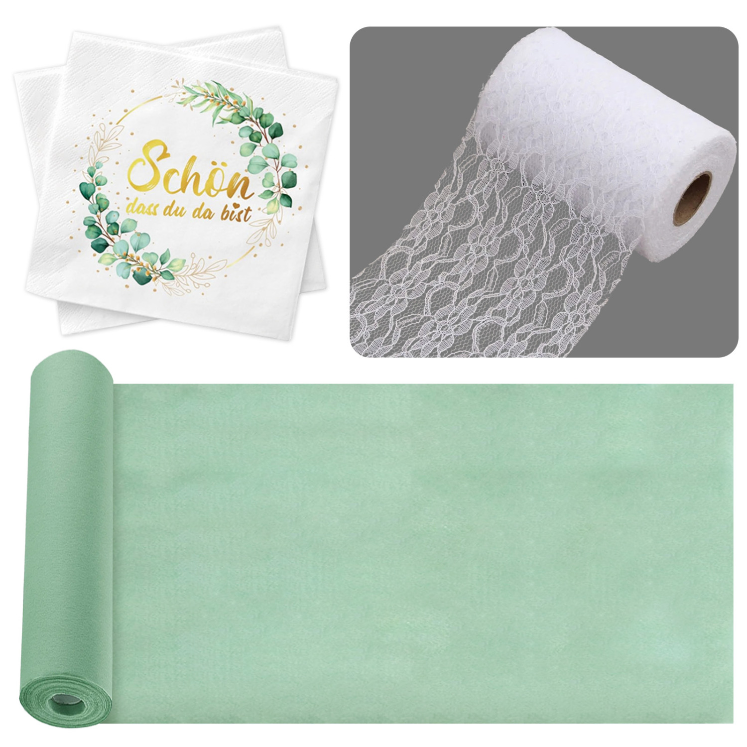 E-shop Grüne Tischdecke und Servietten mit Buchstaben Set Tischdekoration Set, Taufe, , Konfirmation, Hochzeit und Geburtstag Dekoration Tischdecke und