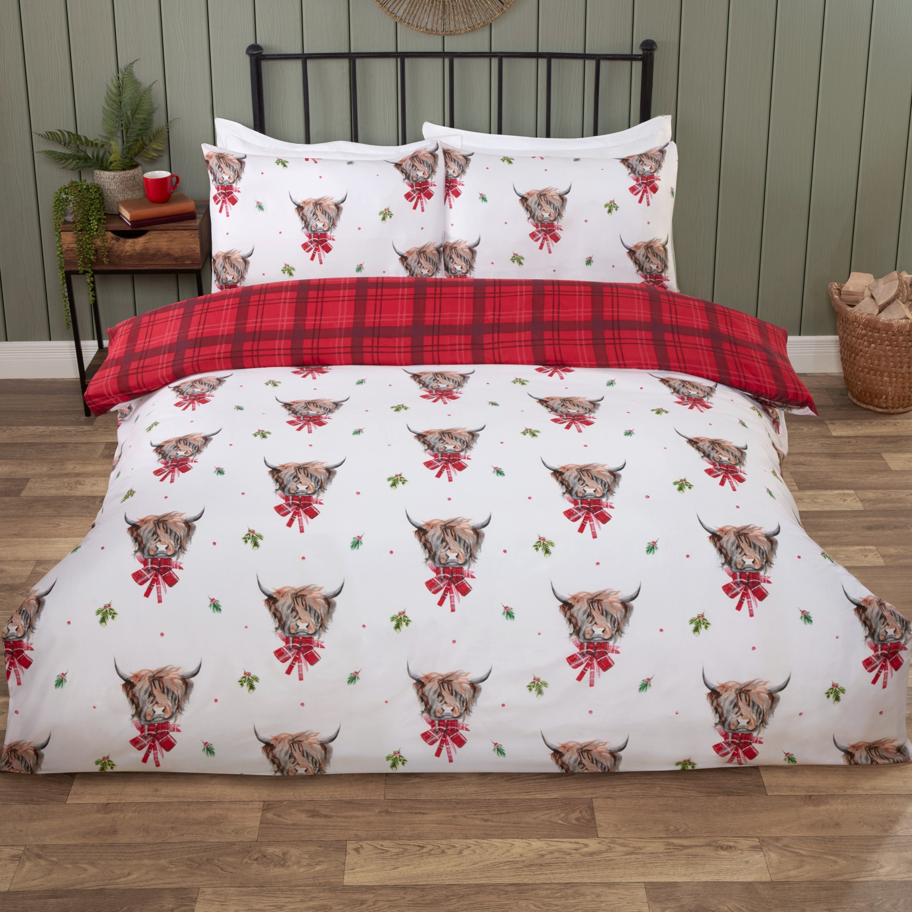 TEMU Festive Highland Cow Duvet Cover Set | 180 | Christmas Reversible Bedding With & Red Tartan Design | Soft Microfibre – Warm, Cozy & Breathable |