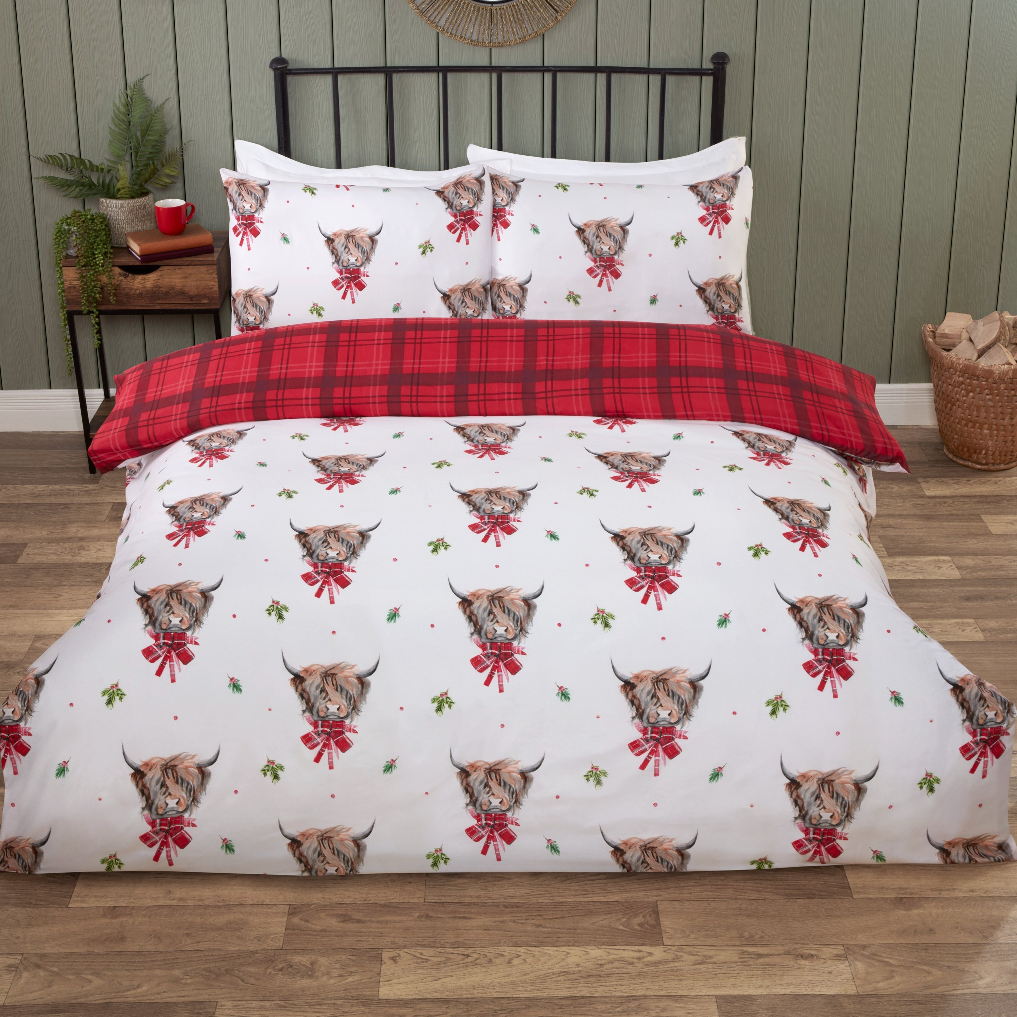TEMU Festive Highland Cow Duvet Cover Set | 180 | Christmas Reversible Bedding With & Red Tartan Design | Soft Microfibre – Warm, Cozy & Breathable |