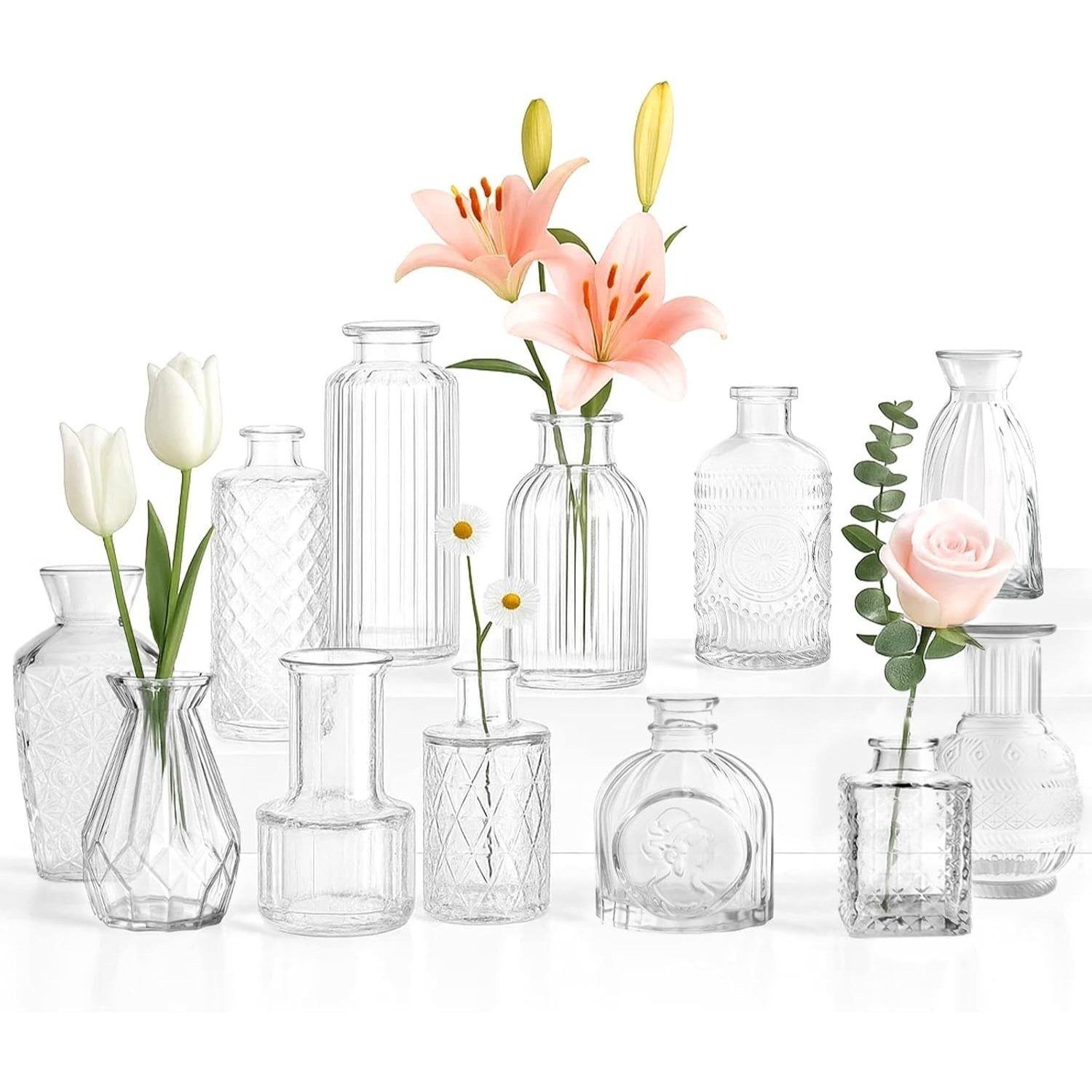 TEMU Set Of 12 Clear Glass Bud Vases Small Round Mini Flower Vases For Table Decor Vintage Style Decorative Glass Vase Perfect For Wedding