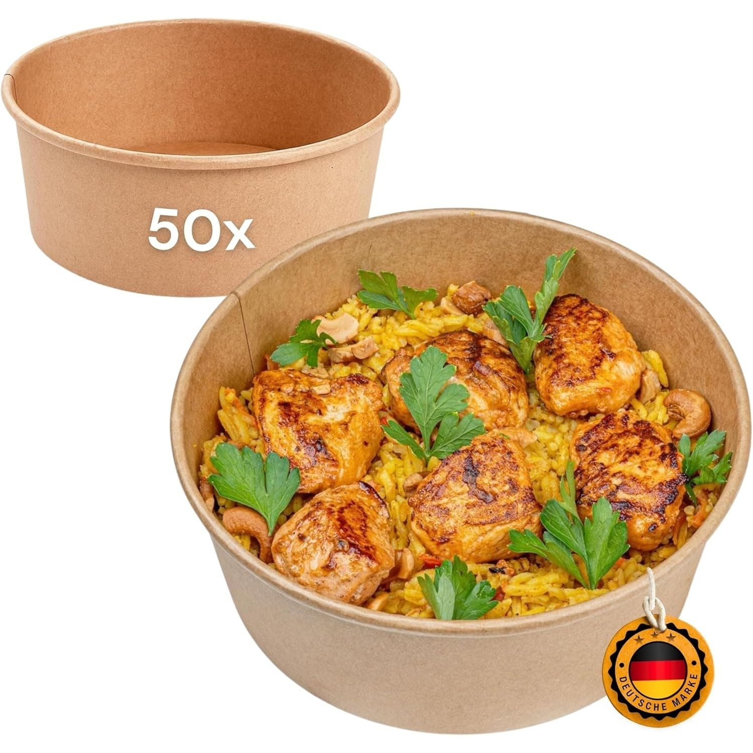 Image of 50pcs Of Strong Cardboard Salad Bowls | 750ml Ø150mm X 59mm Height | Ideal For Transporting Salads And Bowls, Brown Round Cardboard Shell