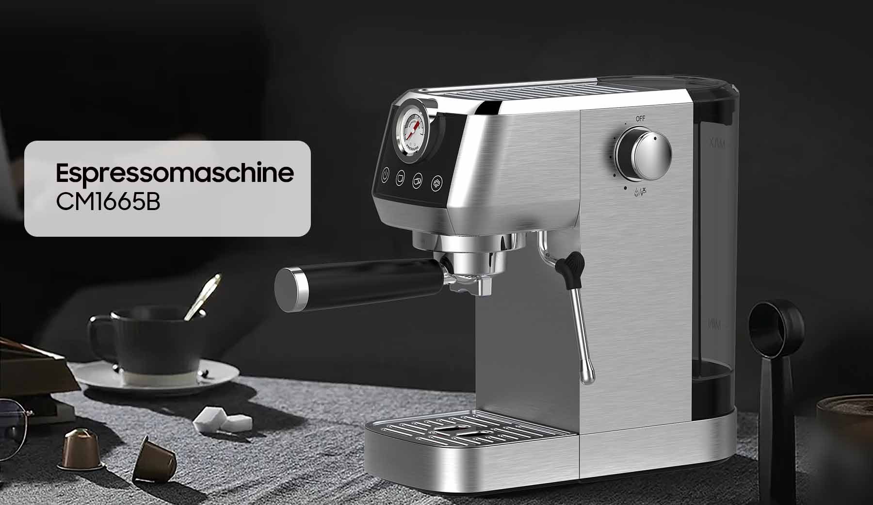 Seven-Bearing Machine CM1665B 20-Bar Italian Pump | 1350W Espresso Machine Stainless Steel with Milk Frother, Coffee Machine for Cappuccino, Touchscreen with Pressure Display, 1.3L Water Tank