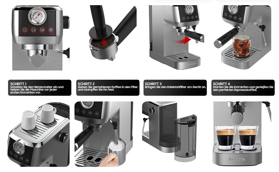 Seven-Bearing Machine CM1665B 20-Bar Italian Pump | 1350W Espresso Machine Stainless Steel with Milk Frother, Coffee Machine for Cappuccino, Touchscreen with Pressure Display, 1.3L Water Tank