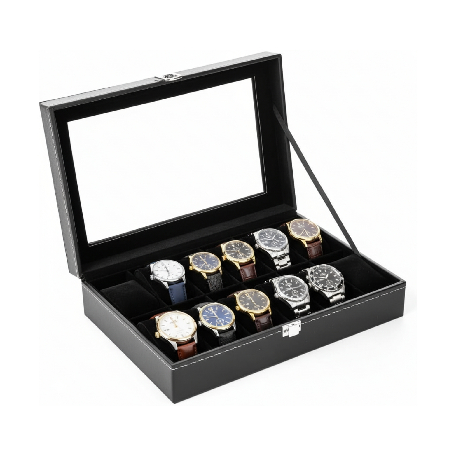 Watch Box For 12 Watches With Glass Lid, Men's Watch Storage Box, 12-slot Watch Organizer, Black Watch Storage Case