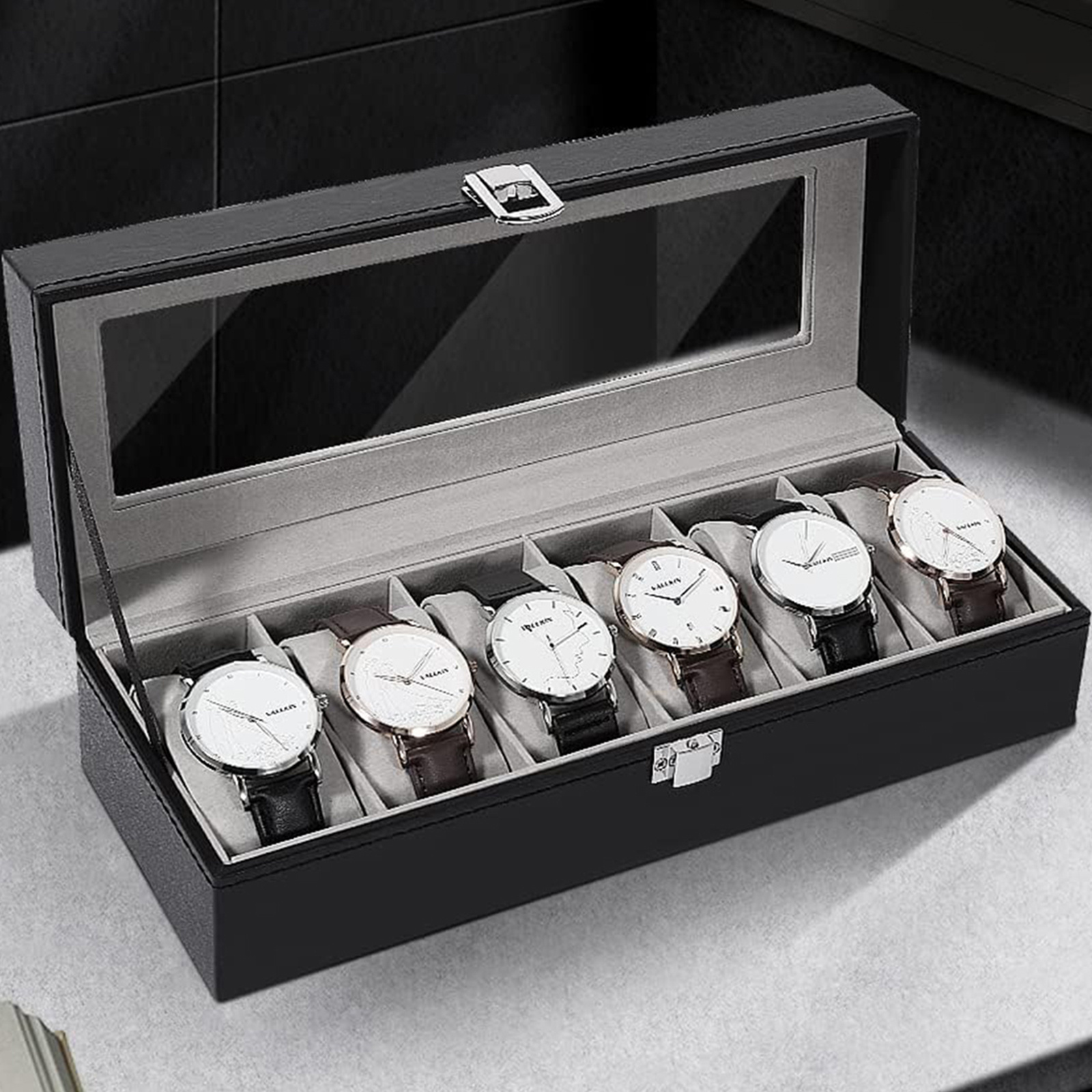 Watch Box With 6 Compartments, Watch Case, Glass Lid, Watch Storage, Removable Watch Cushions, Metal Closure, Christmas Gift, Black-gray