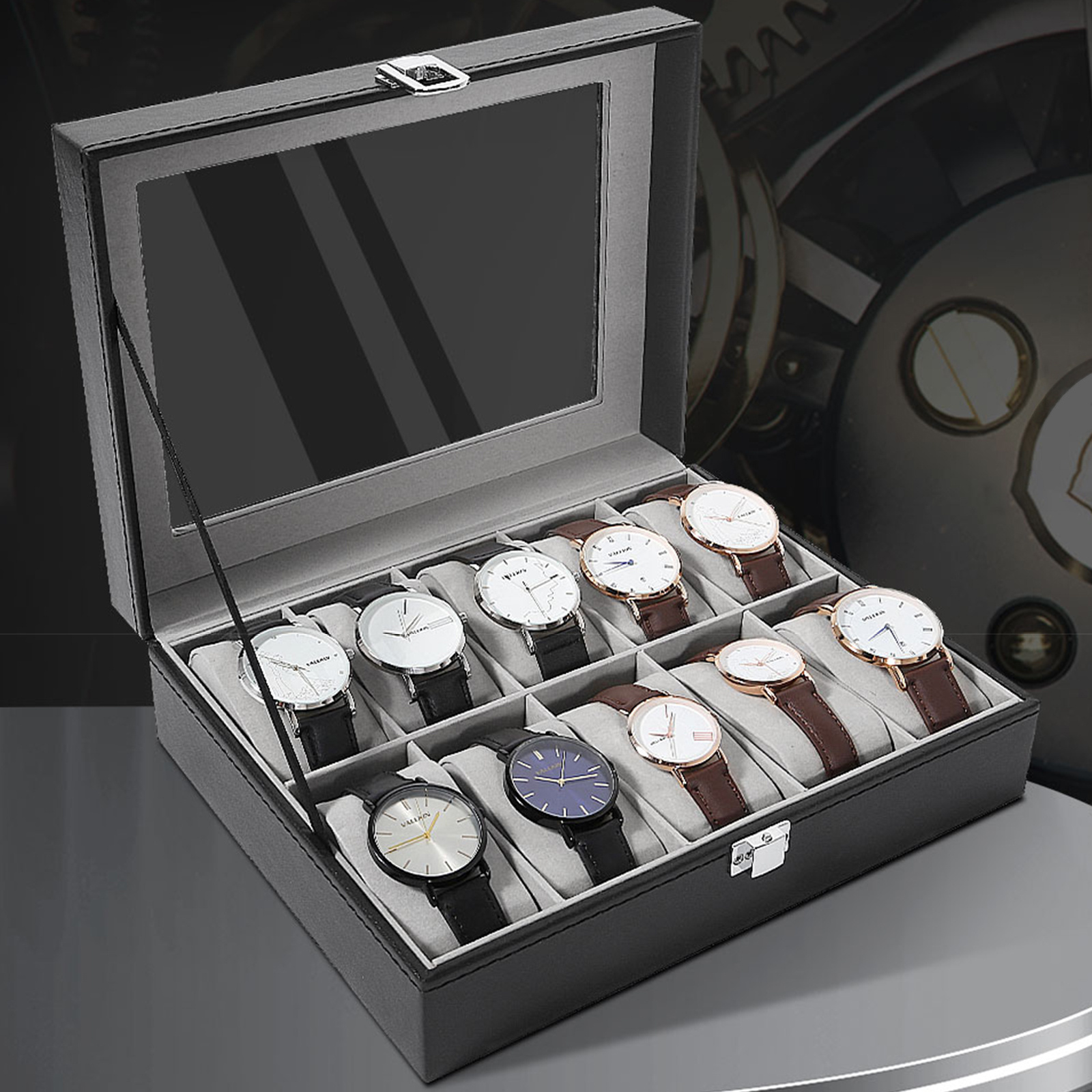 TEMU Uhrenbox mit 10 Fächern, Uhrenkasten, Glasdeckel, Uhrenkoffer, PU, herausnehmbare Uhrenkissen, Metallverschluss, Weihnachtsgeschenke, Schwarz-