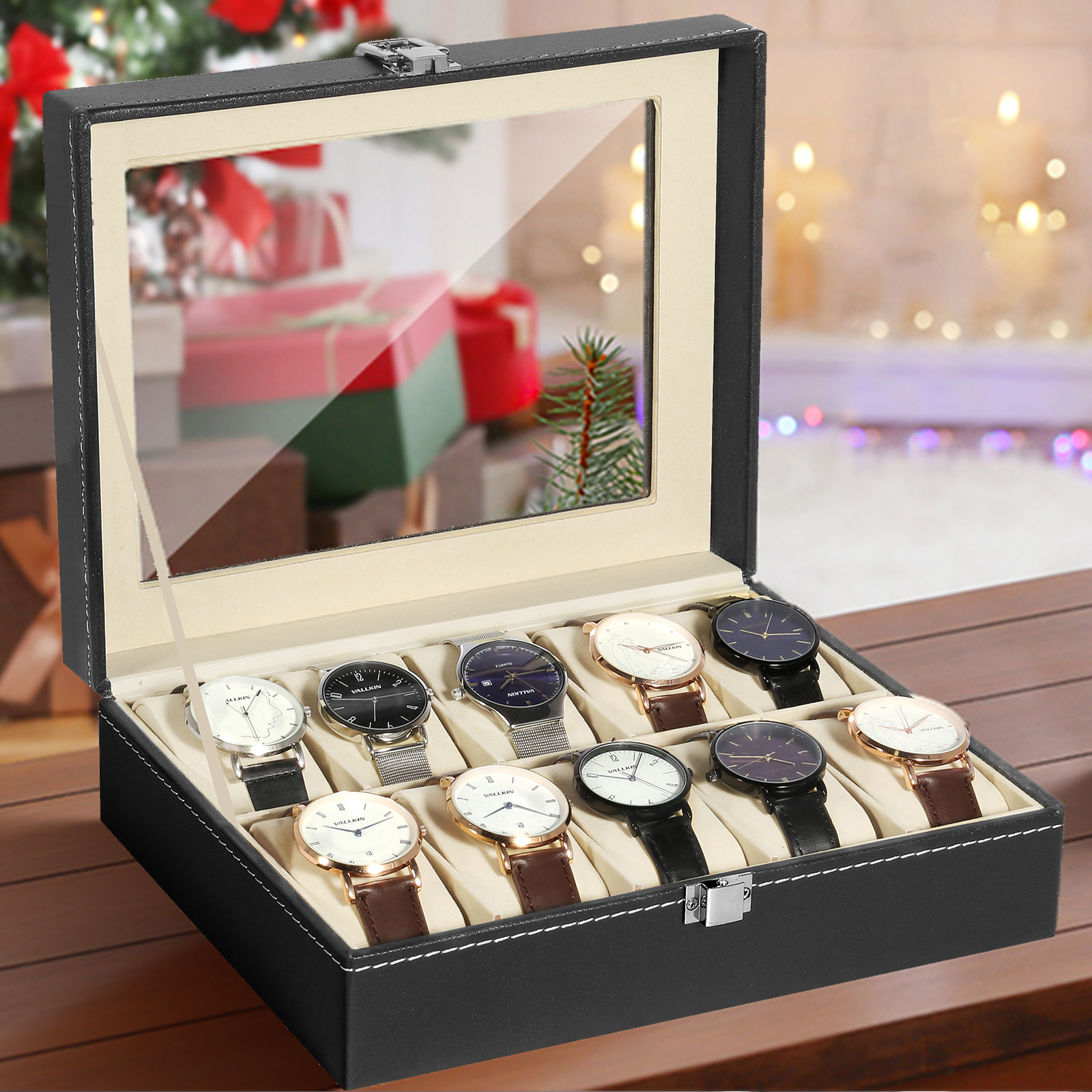 Watch Box With 10 Compartments, Watch Case, Glass Lid, Watch Case, Pu, Removable Watch Cushions, Metal Clasp, Christmas Gifts, Black-gray