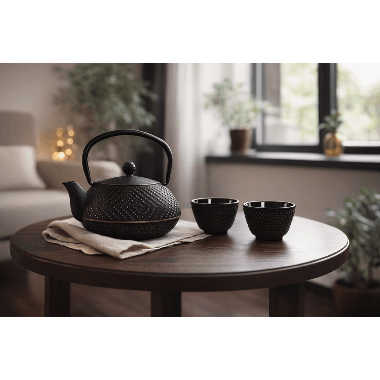 Teapot In Black And Gold Cast Iron With Its 2 Cups, Capacity 900 Ml.
