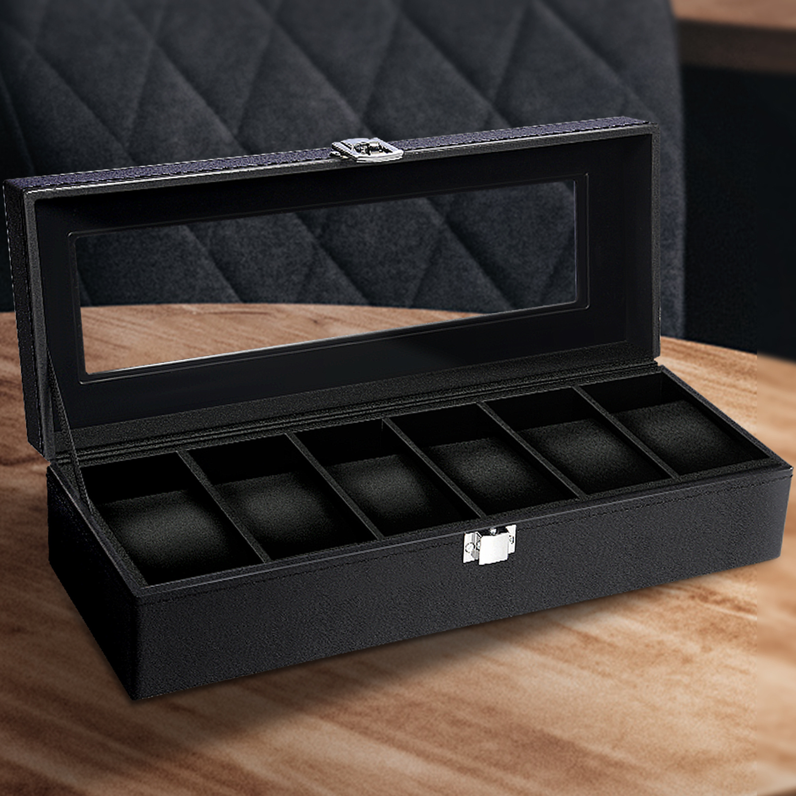 Image of Watch Box With 6 Compartments, Watch Case, Glass Lid, Watch Storage, Removable Watch Cushions, Metal Closure, Christmas Gift, Black-gray