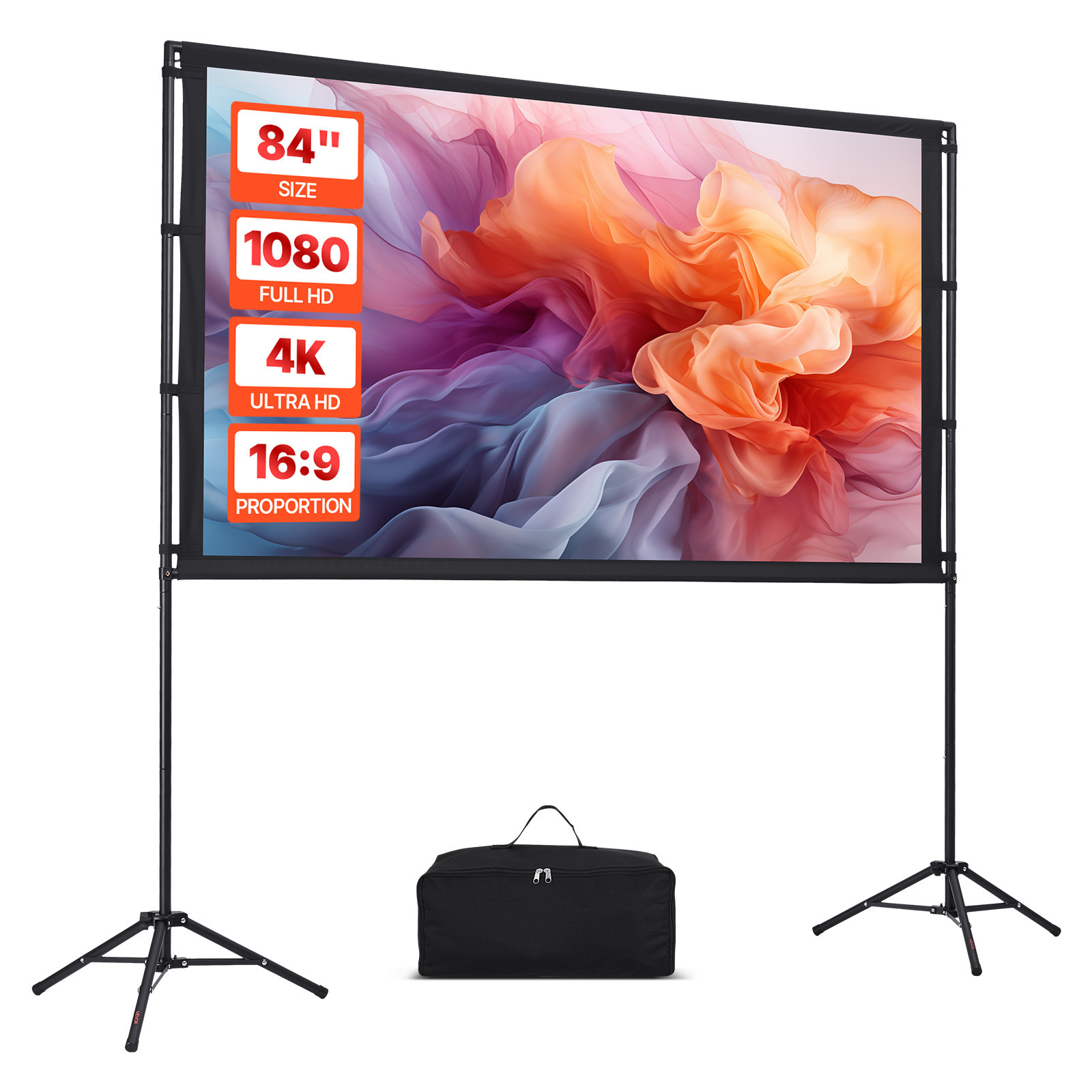 Image of Vevor Projector Screen With Stand, 84 Inch 160° Wide Angle Indoor Outdoor Projection Screen, 16:9 4k Hd Wrinkleless Portable Dual-tripod Screens With Carry Bag, For Movie Home Theater Presentation