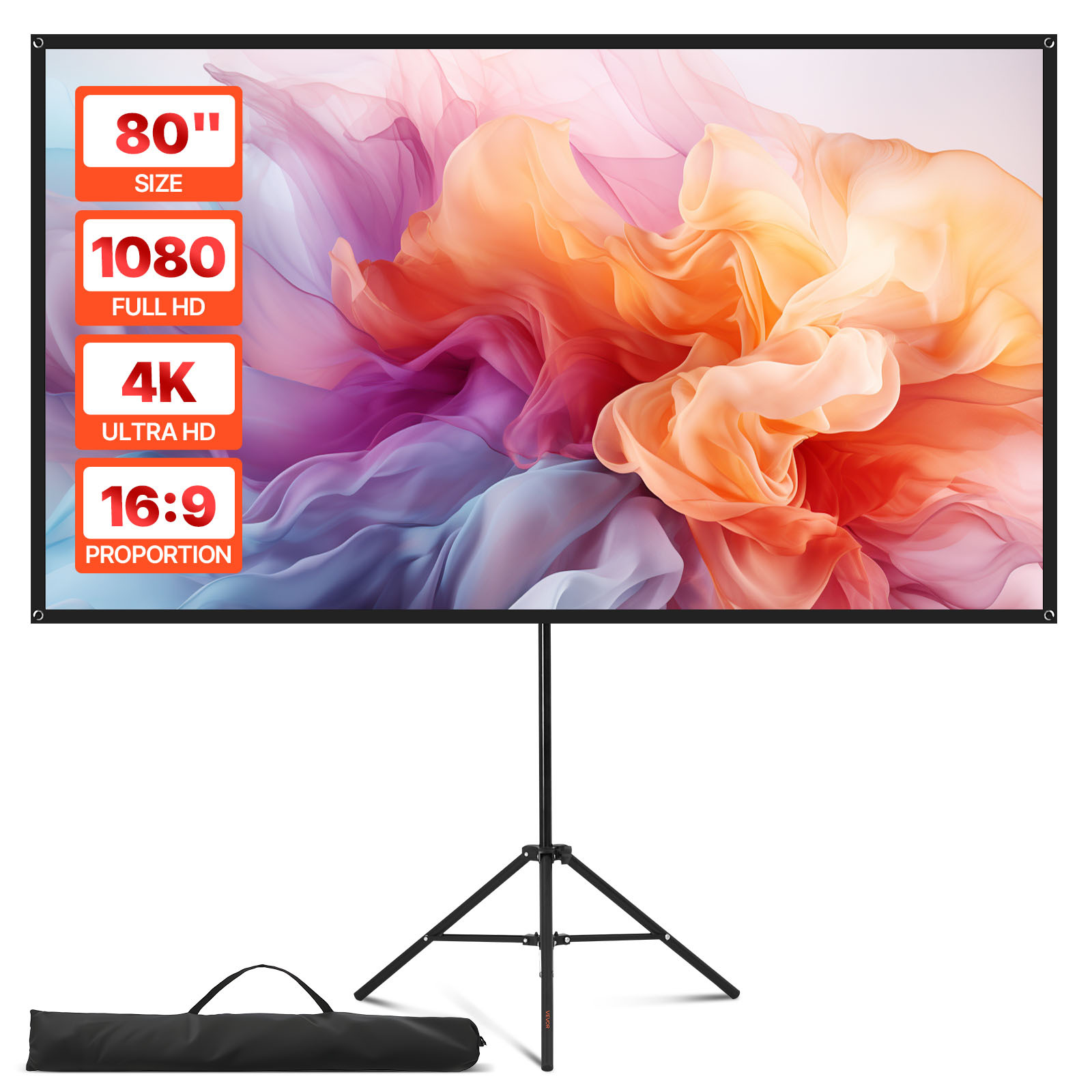 TEMU VEVOR Pantalla de Proyector con Soporte, 80 Pulgadas 160° Pantalla de Proyección , 16:9 4K HD Pantallas Portátiles con con Bolsa de Transporte,