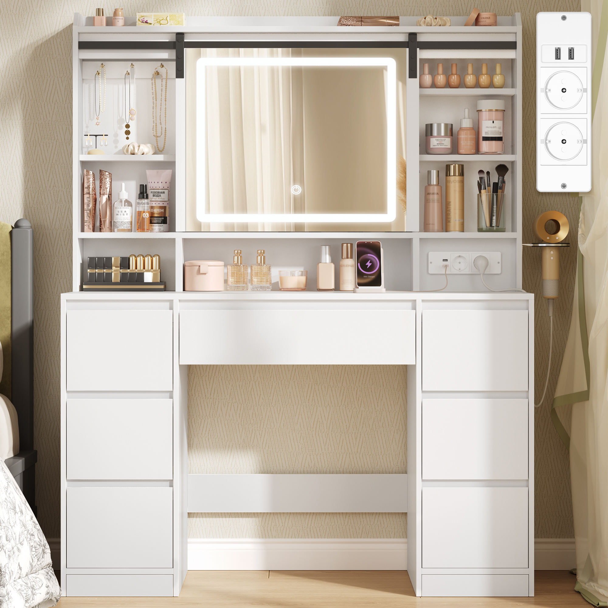 TEMU Coiffeuse avec , Table de Maquillage avec Éclairage LED Réglable, 3 Couleurs, Multiprise, 7 Tiroirs, de Rangement , 40 × 108 × 148,6 cm, Blanc