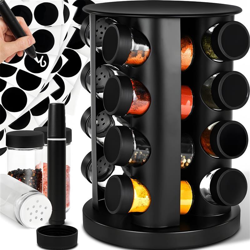 Spice Rack Retoo 360 Degree Rotating 16 Glass Containers Stainless Steel Black With Labels And Marker Kitchen Organizer