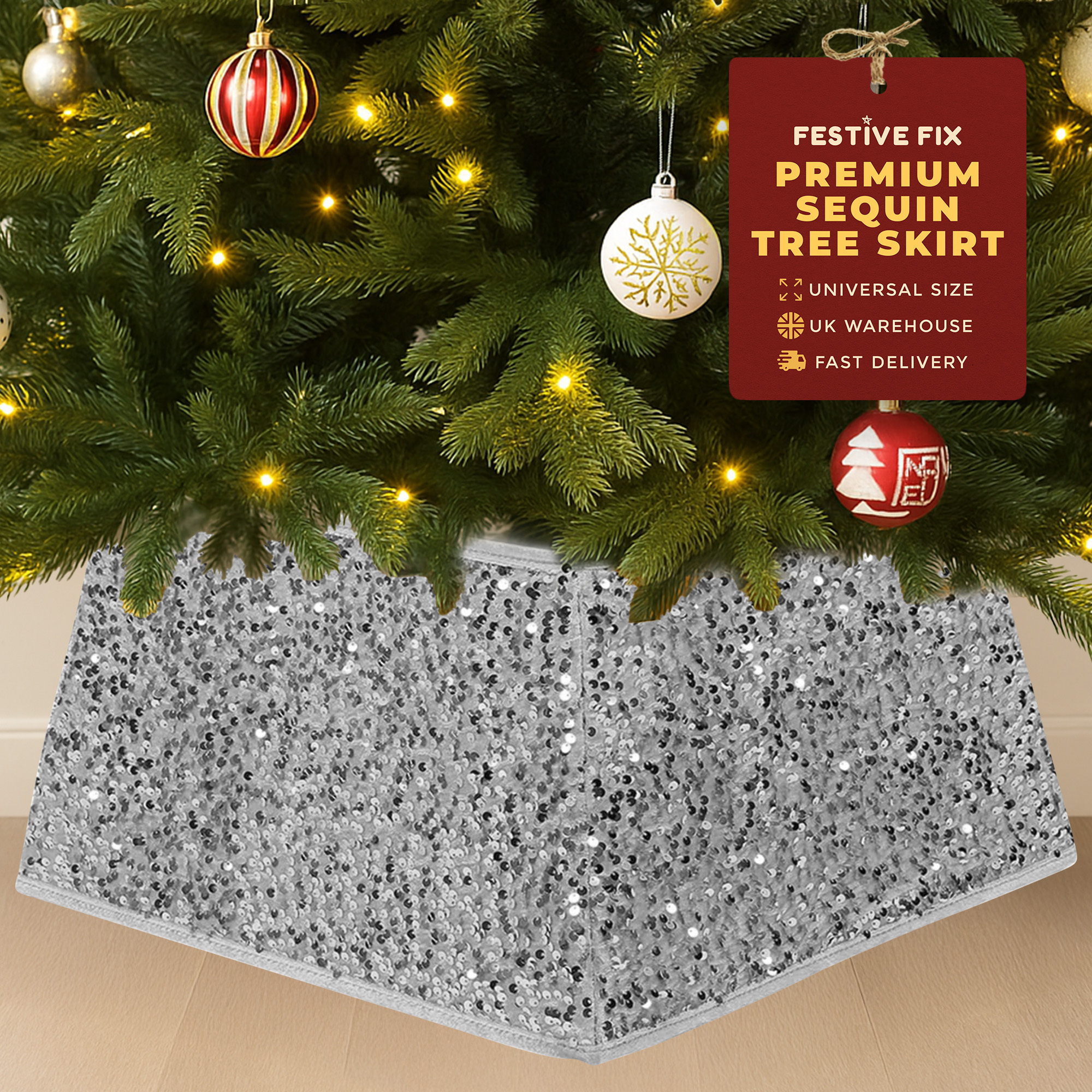 TEMU Festive Fix Luxury Sequin Christmas Tree Skirt – Foldable Four-sided Cover With Closure, Elegant Sparkly Decoration For Real & Artificial