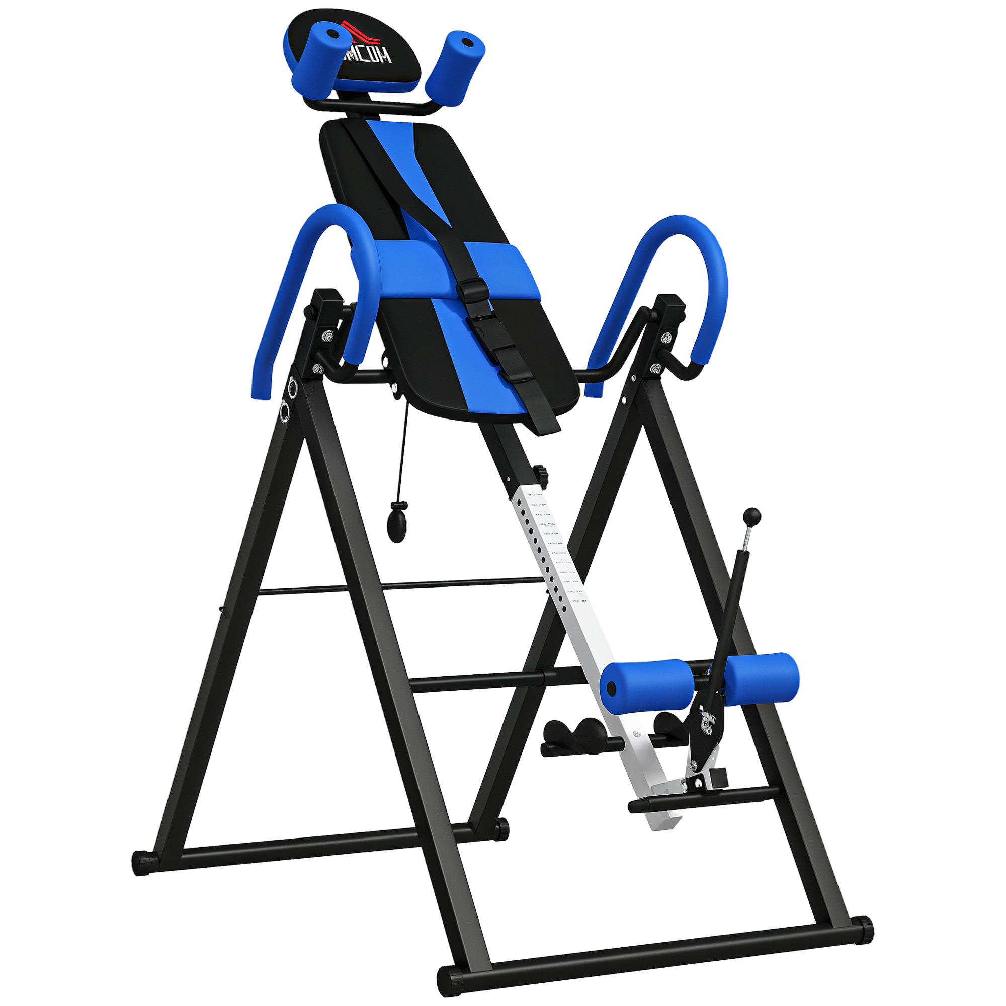 Image of Homcom Foldable Inversion Table With Tilt Lock, Adjustable Angle Up To 90°, Inversion Bench With Safety Belt And Pads For Back Relief, - Blue