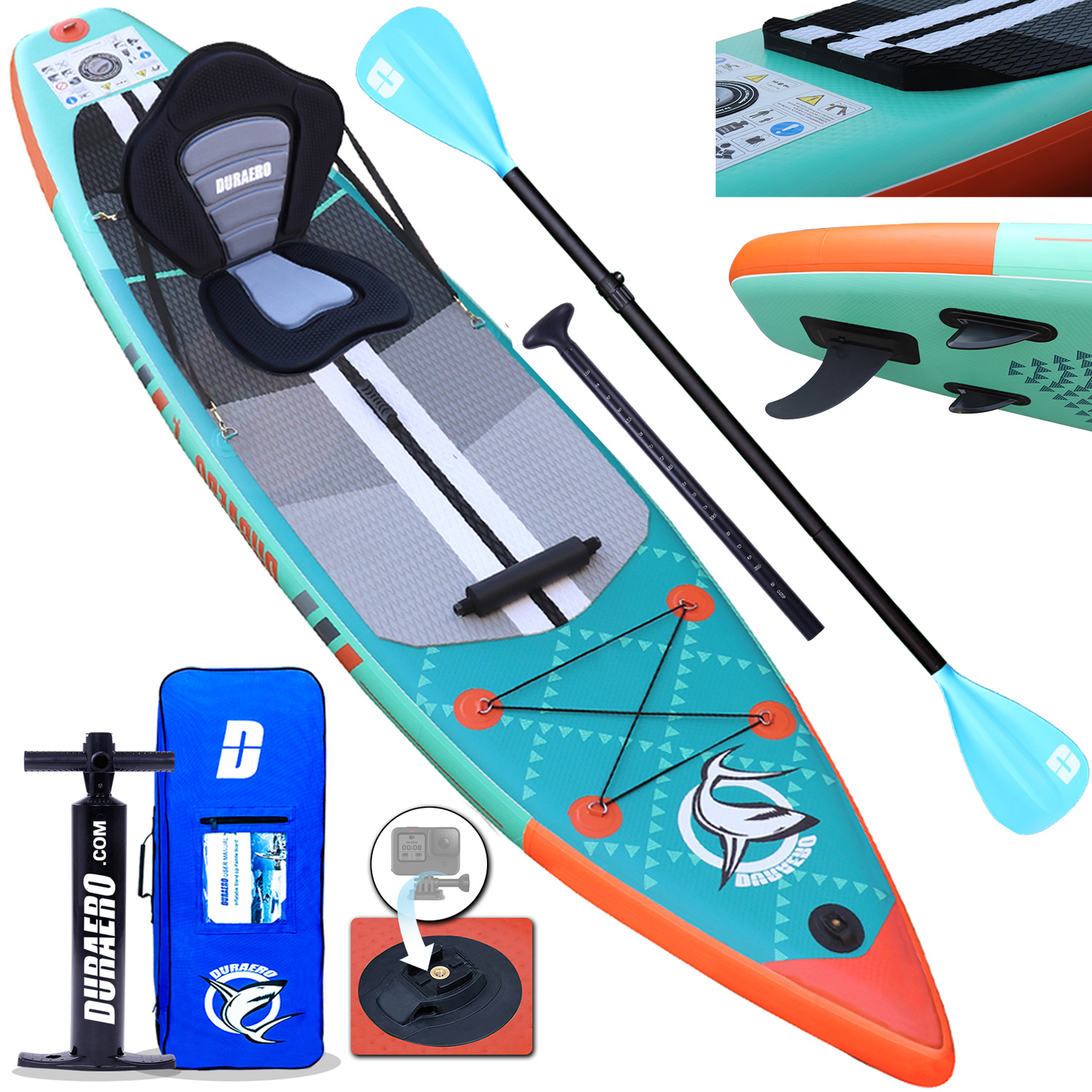 Image of Paddling Board Inflatable Sup Set, Kayak Seat, 330x76x15cm, Load Capacity Up To 150kg, Camera Mount, Integrated Kick-pad, 3 Fins, Adjustable Double Paddle, Complete Accessories, Mint Green